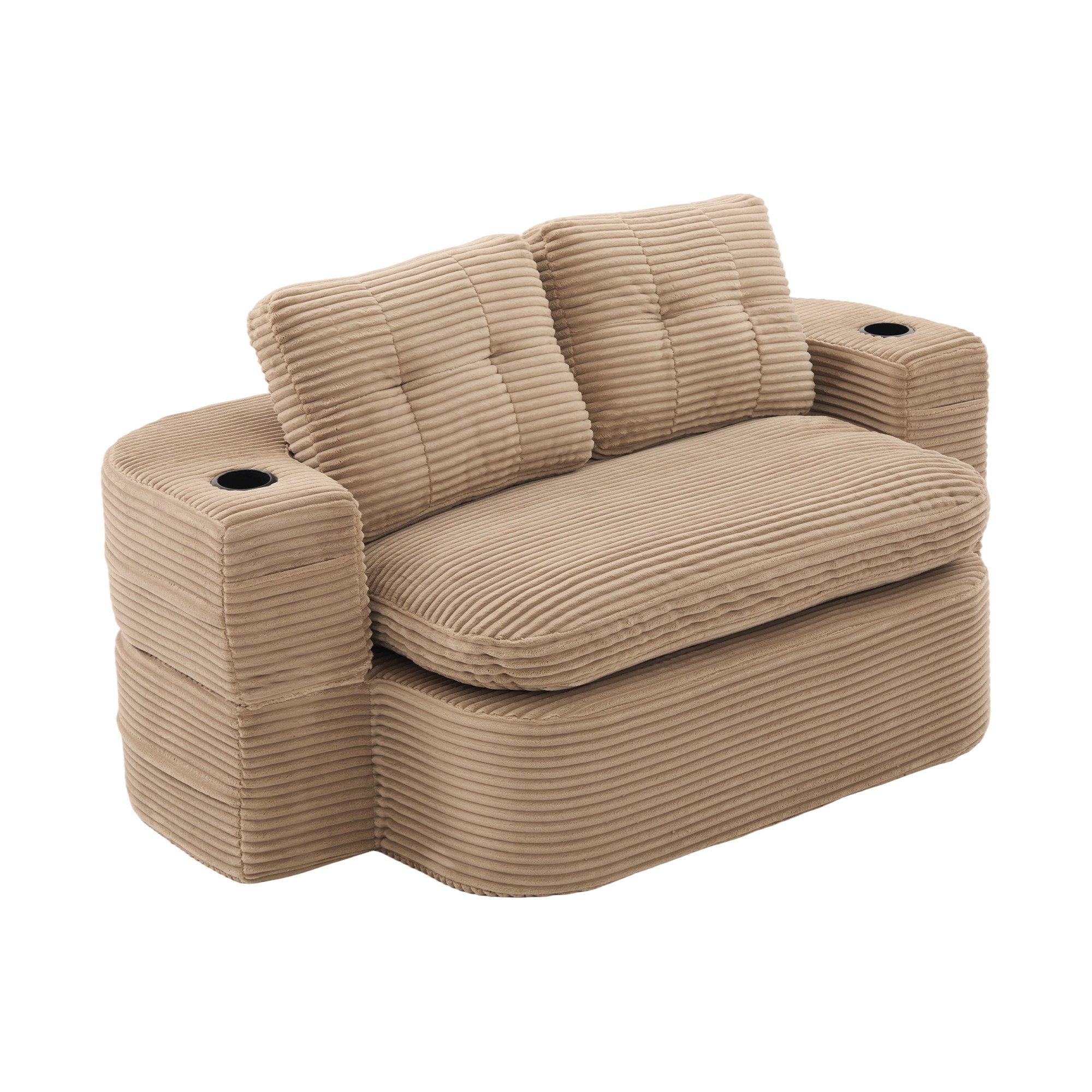HAUSS SPOLE Schlafsofa 2-in-1 Loungesofa aus Cord,Relaxsofa Bodensofa mit Liegefunktion,Khaki, Multifunktionales Umwandlungsdesign – Ein Sofa, viele Wohnmöglichkeiten, Komprimiertes Bodensofa mit Getränkehalter & Seitentaschen