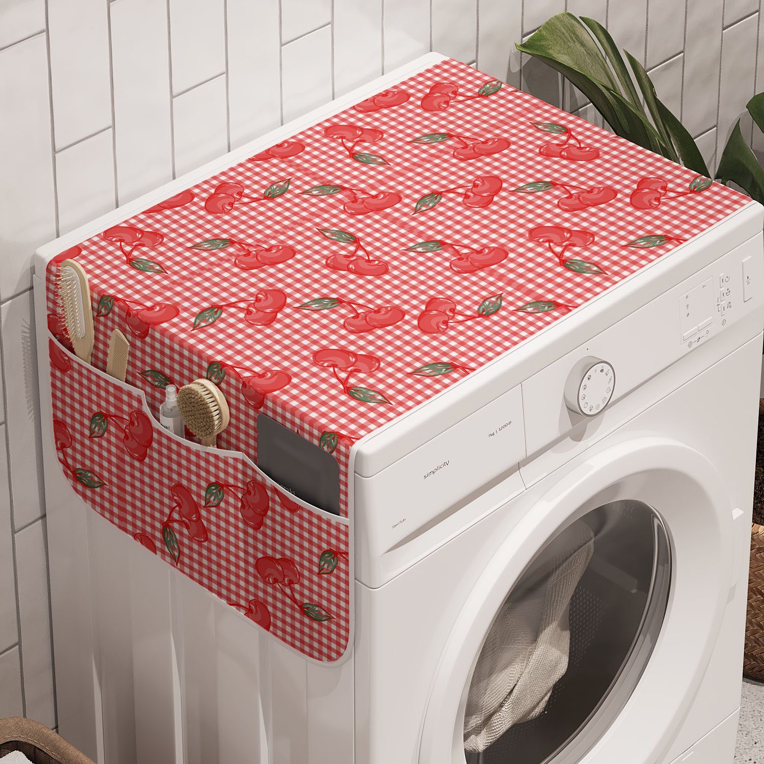 Anti-Rutsch-Stoffabdeckung Abakuhaus und Badorganizer Trockner, auf für Kirsche Frucht-Gekritzel Gingham Waschmaschine