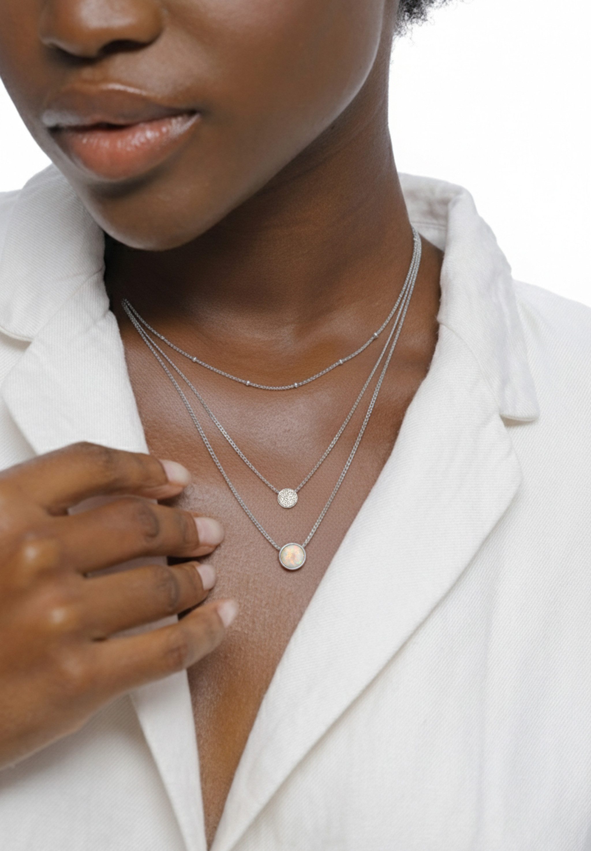 Elli Ketten-Set Layer Plättchen Synthetischer Opal Weiß 925 Sterling Silber