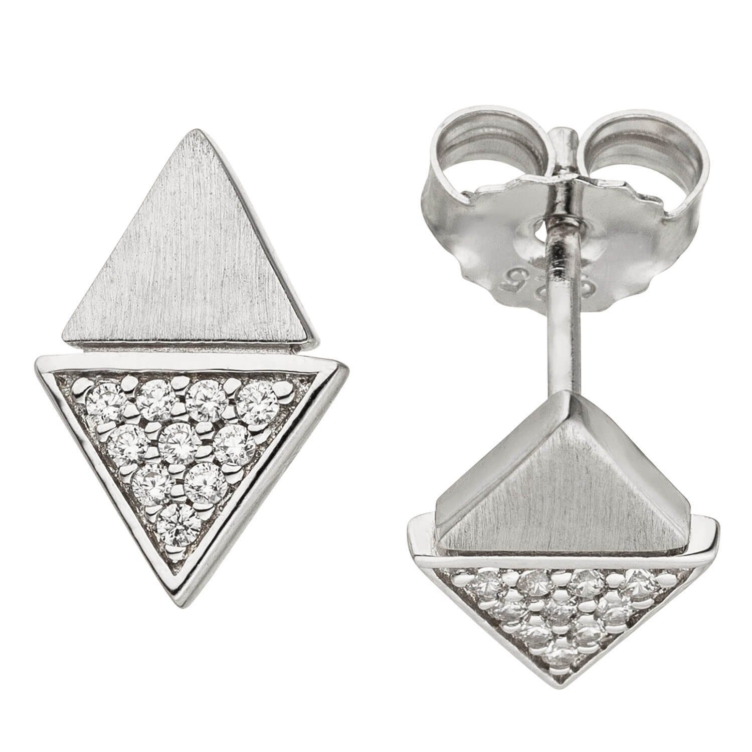 weißen Ohrstecker Dreiecke teilmatt, Silber 925 Ohrringe Paar mit 925 Schmuck Krone Silber Ohrstecker Zirkonia, rhodiniert