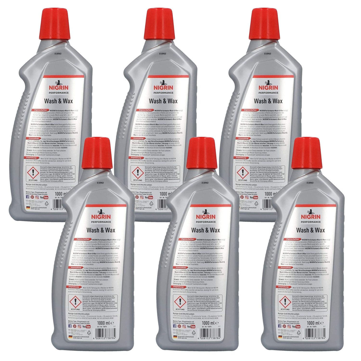 NIGRIN 6x Performance 2in1 Wasch & Wax 1L Auto-Wäsche Autoshampoo (6-St. 6x 1L Flasche Auto-Shampoo Wachs Wax Lack-Versiegelung Pflege Metall Kunststoff)