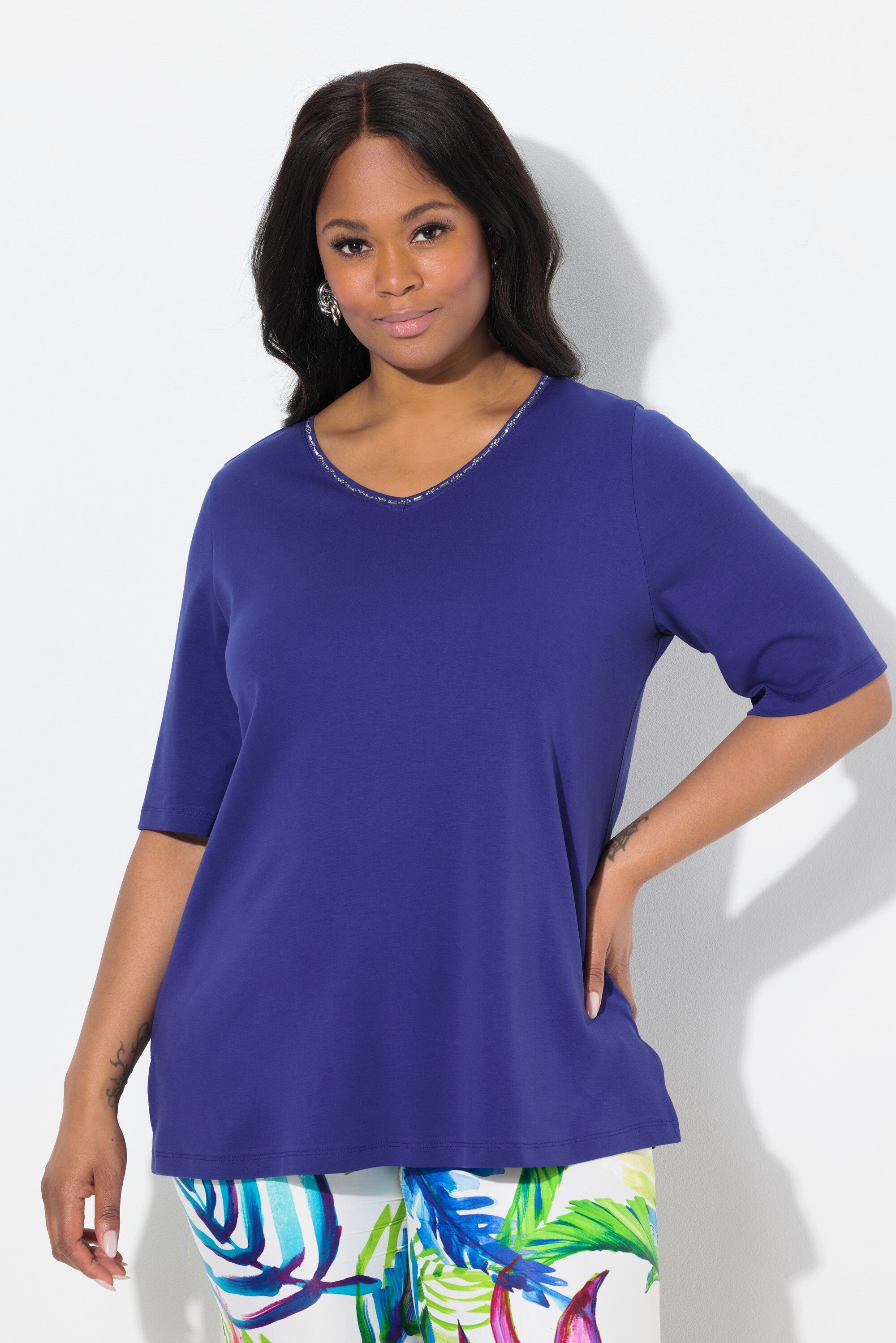 Ulla Popken T-Shirt Pima Cotton Shirt A-Linie V-Ausschnitt Halbarm günstig online kaufen