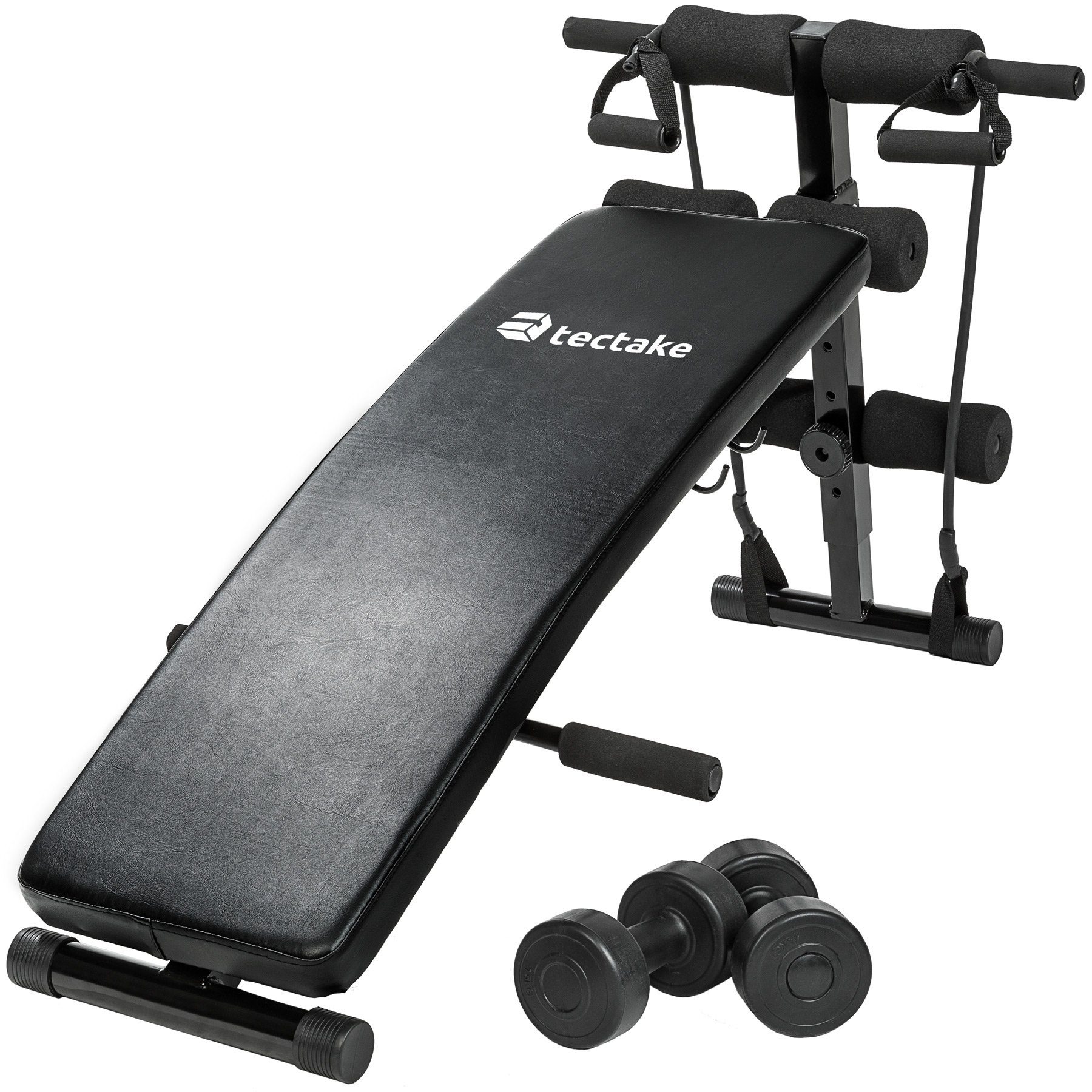 tectake Bauchtrainer Sit Up Bank mit Trainingsseilen und 2 Hanteln