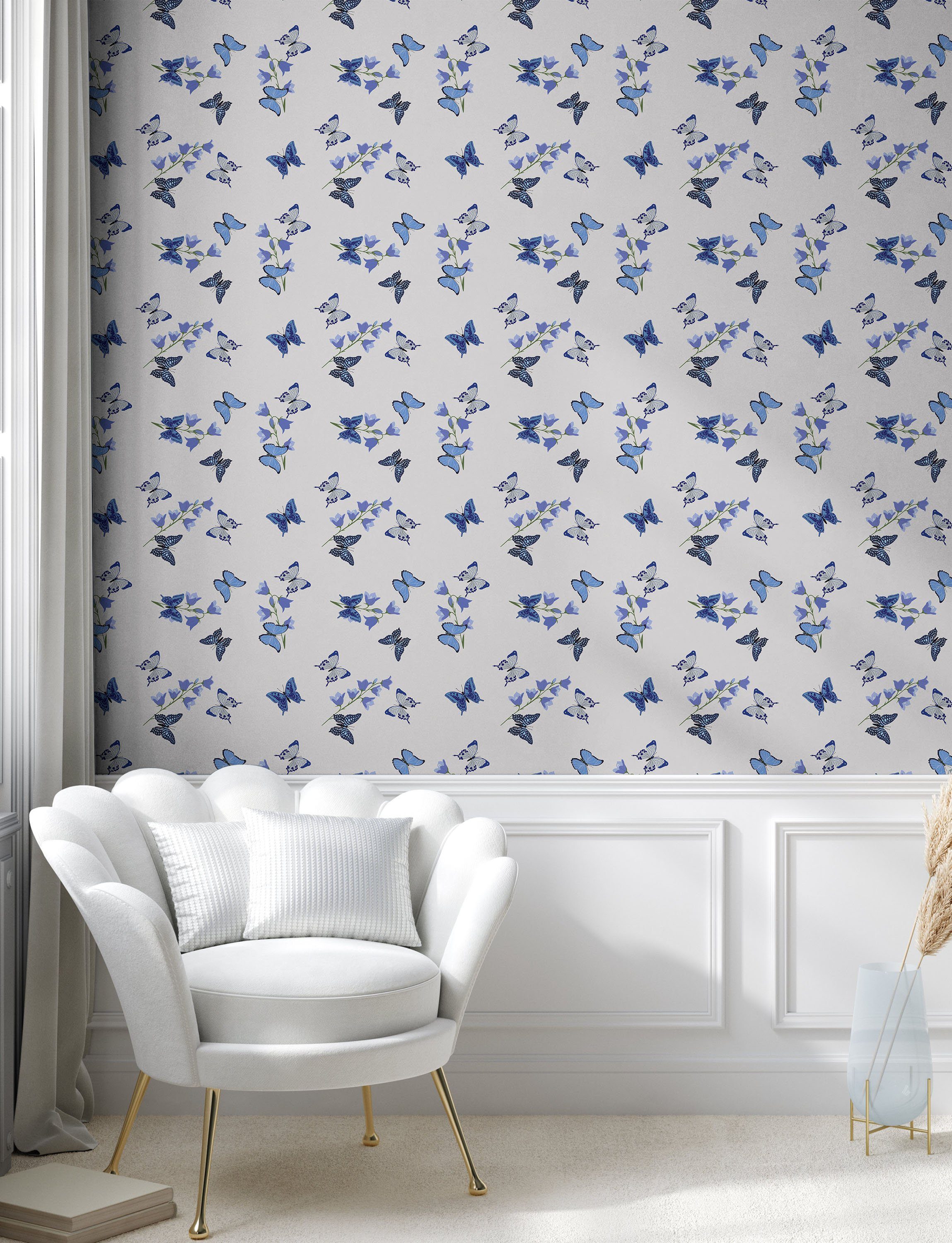 Abakuhaus Vinyltapete selbstklebendes Wohnzimmer Bluebell Moths Küchenakzent, Schmetterling Blumen