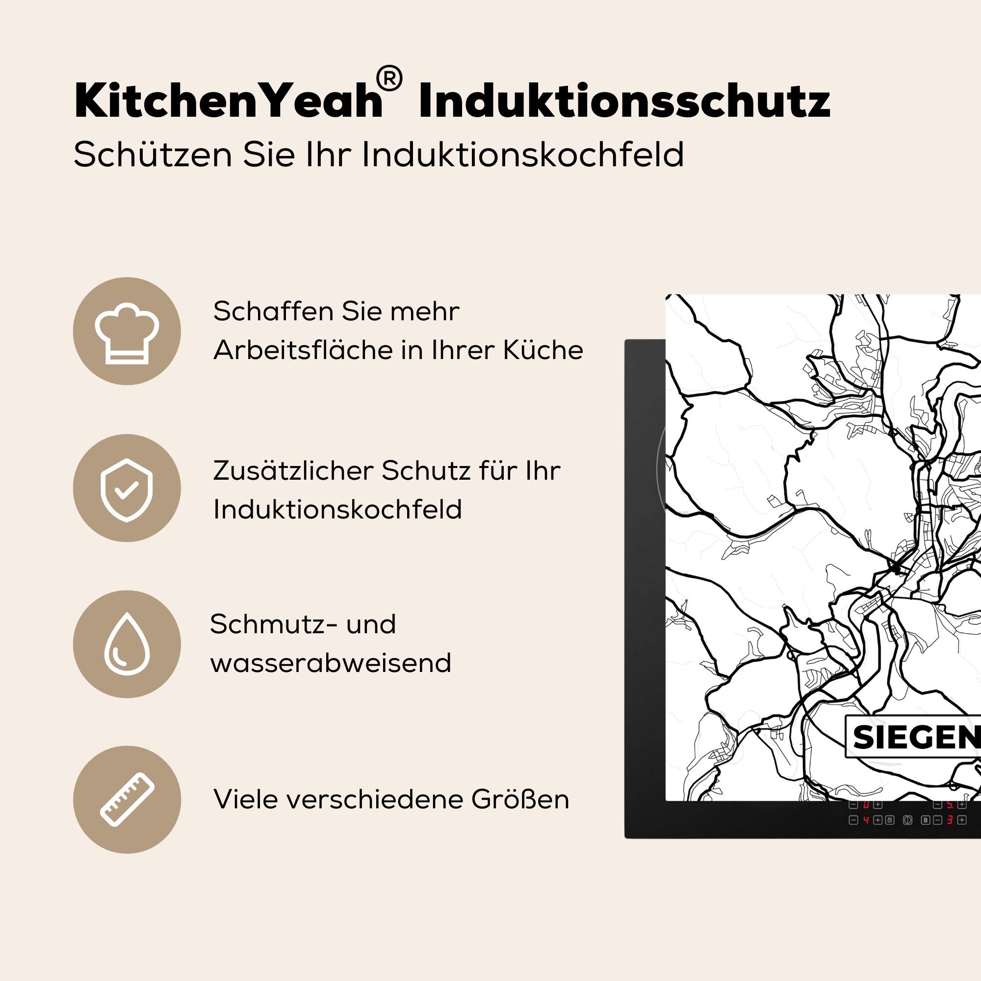 Karte - Stadtplan, (1 für Siegen Arbeitsplatte 78x78 cm, MuchoWow tlg), Vinyl, Herdblende-/Abdeckplatte Ceranfeldabdeckung, küche -