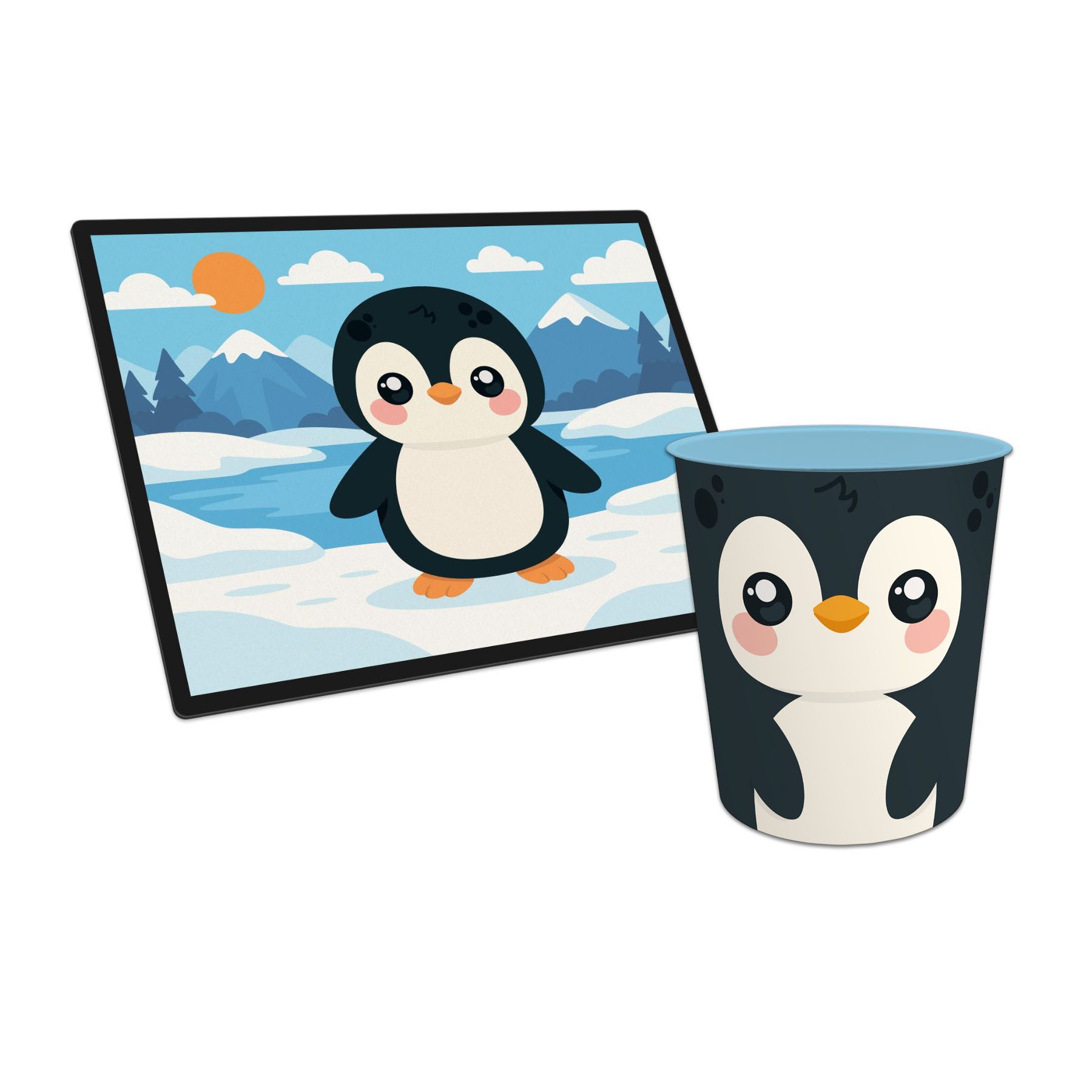 itenga Schreibtischunterlage itenga Papierkorb mit Schreibunterlage KAWAII Motiv PINGUIN Set