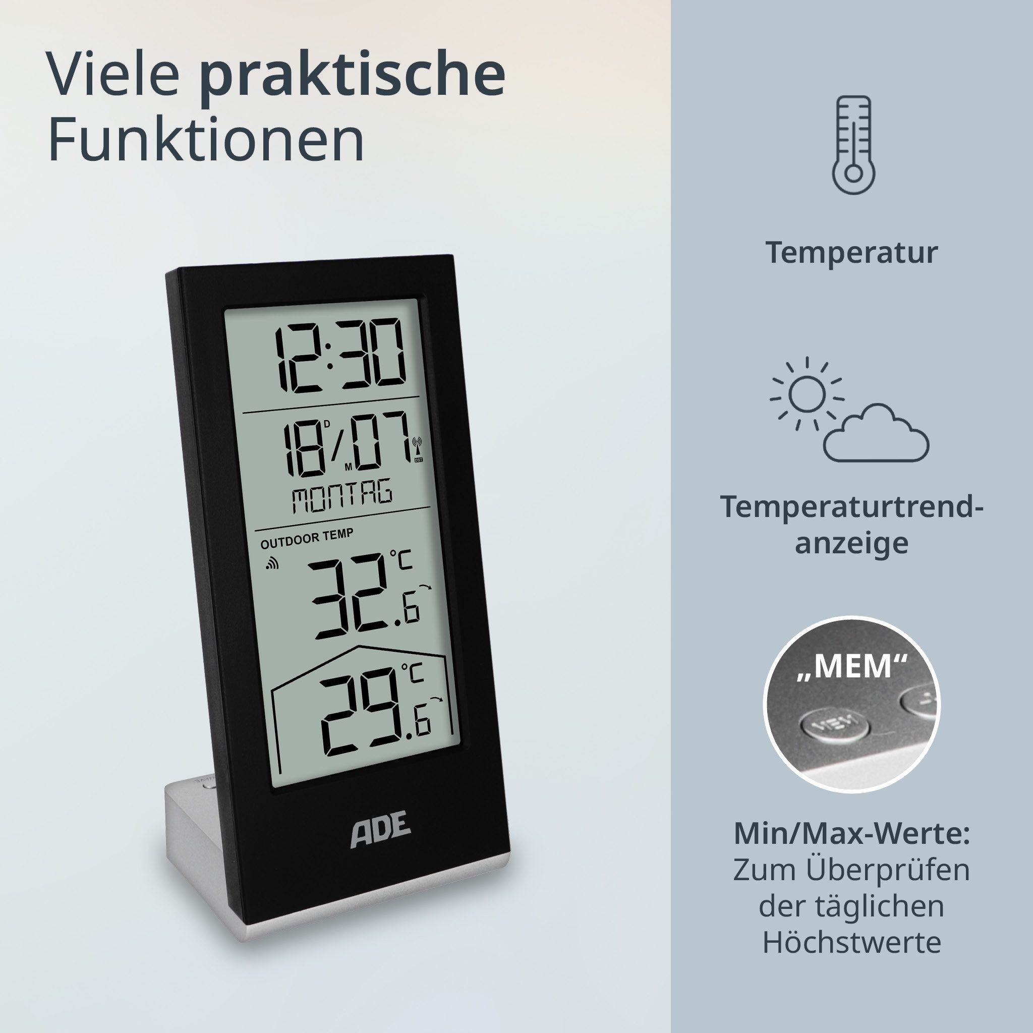 ADE funk mit Außensensor, Uhrzeit, ausgeschriebener Wochentag Funkwetterstation (inkl. 4 AAA Batterien, Kalender, Temperaturtrendanzeige)