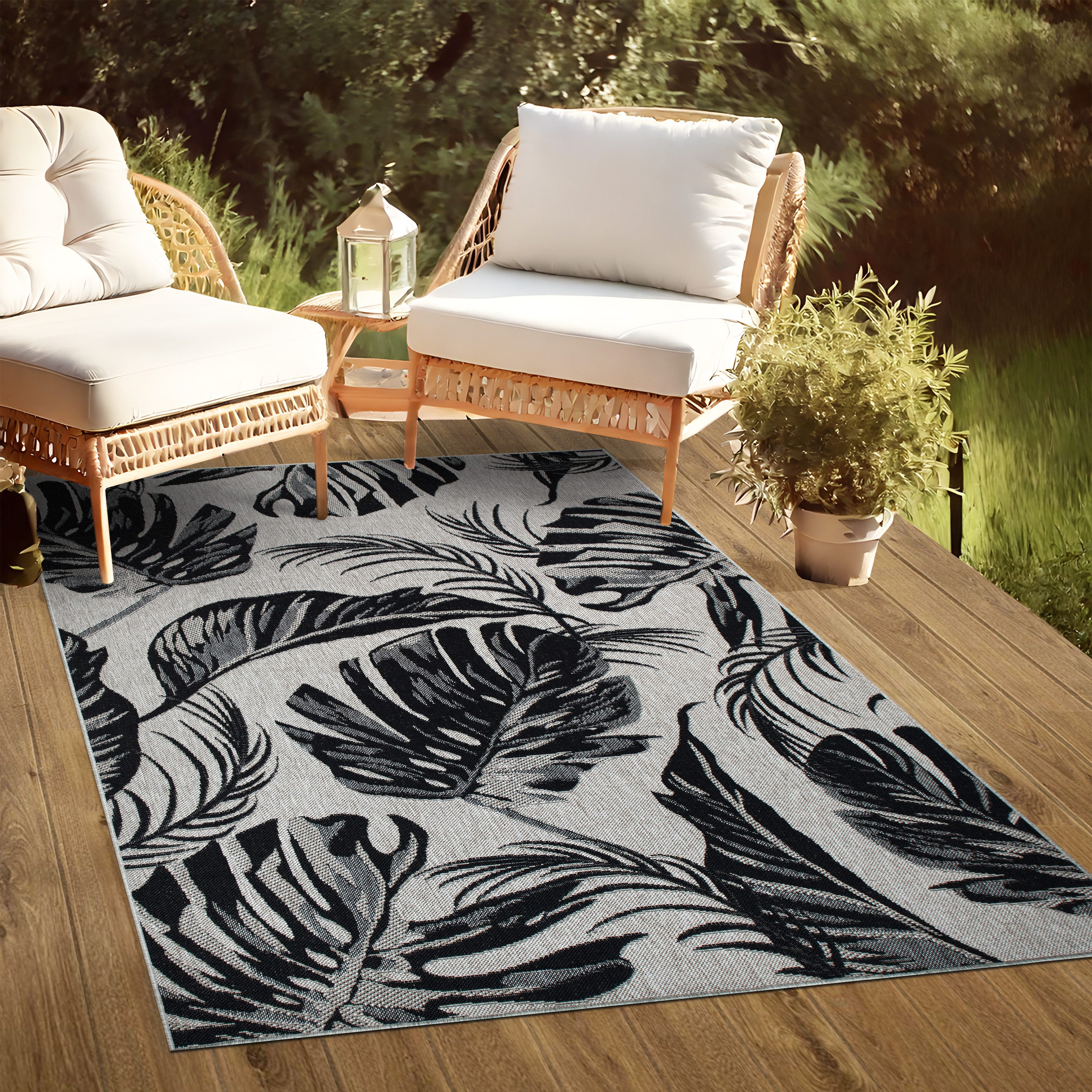 oKu-Tex Outdoorteppich PLUTUS In- & Outdoor Teppich, Flachgewebe, Sisaloptik, rechteckig, Höhe: 3 mm, florales Design Monstera, UV-Resistent, Terrasse, Küche, Grau-Schwarz