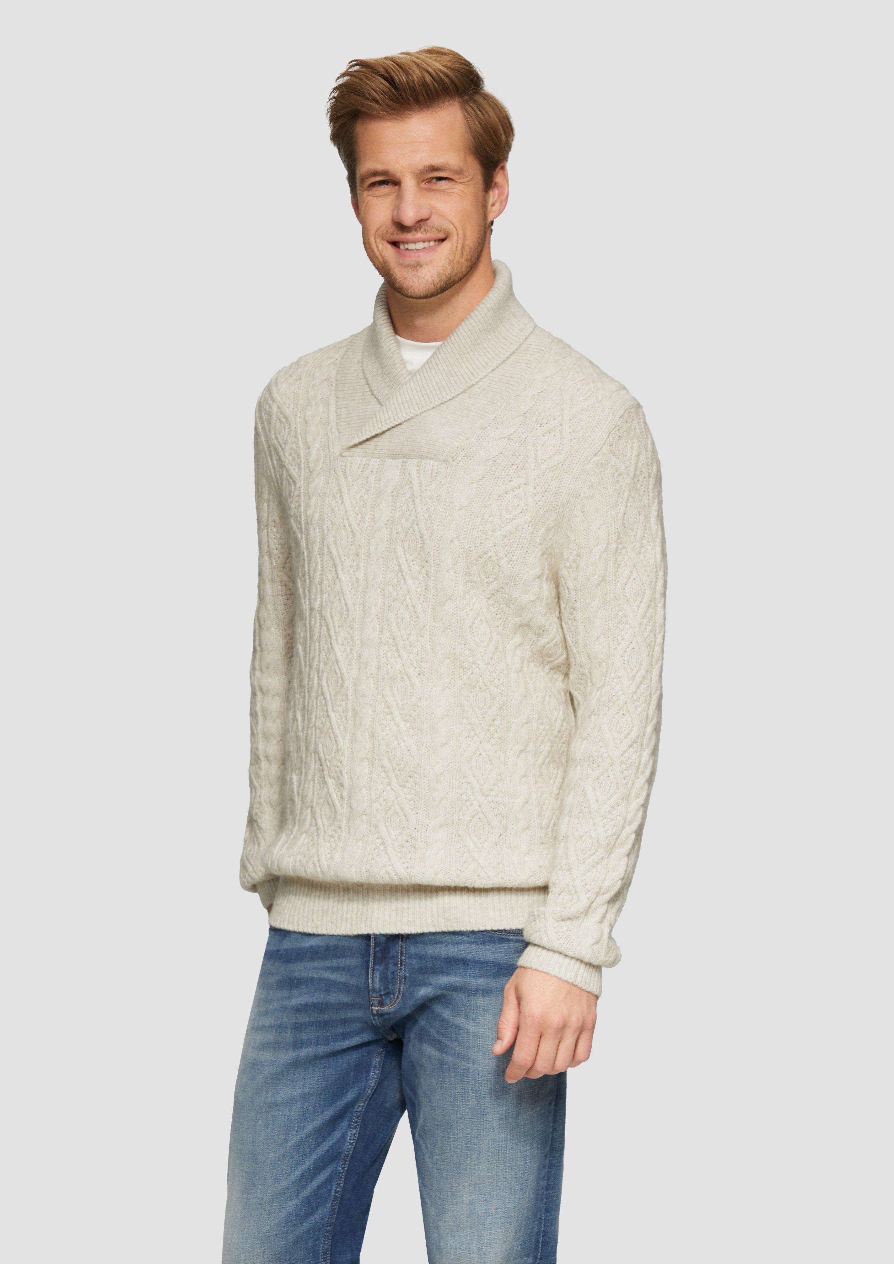 Strickpullover Schalkragenpullover mit Zopfmuster aus Wollmix