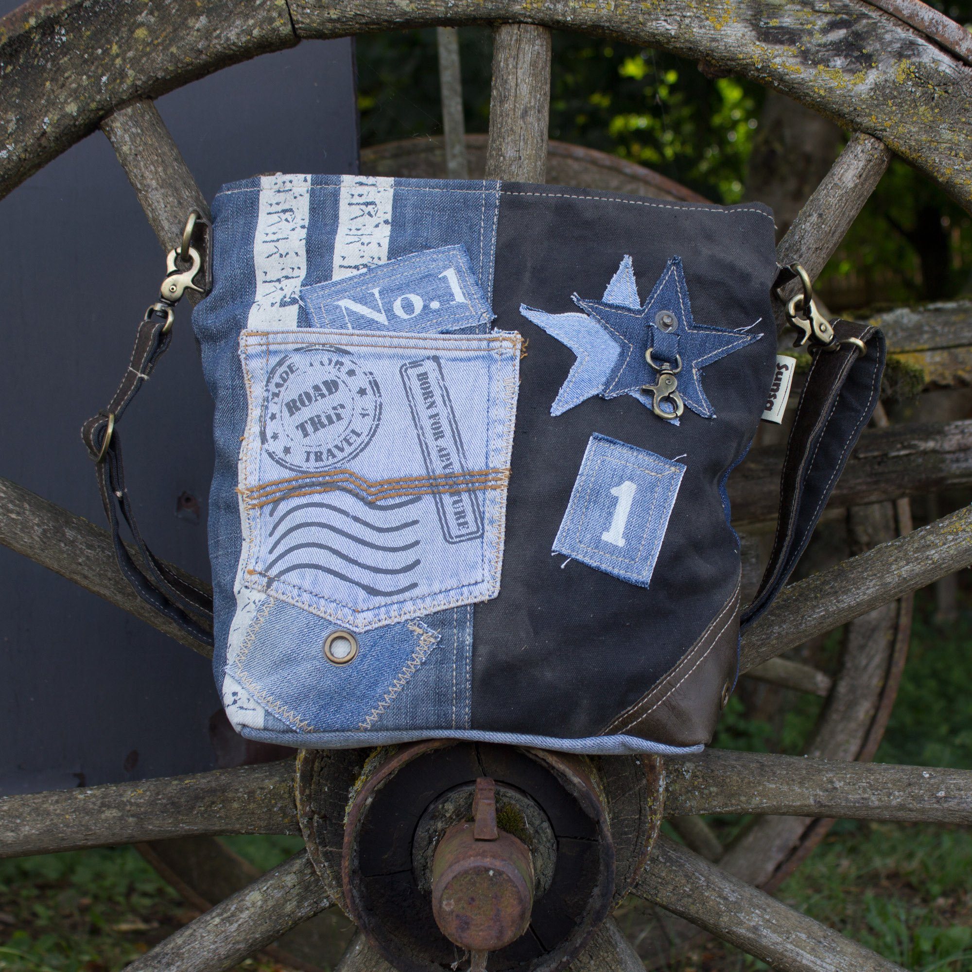 Jeans Aus und recycelten Crossbody recycelte Materialien Umhängetasche für Canvas. ihn, aus Sunsa Sie/ Umhängetasche bag schwarze