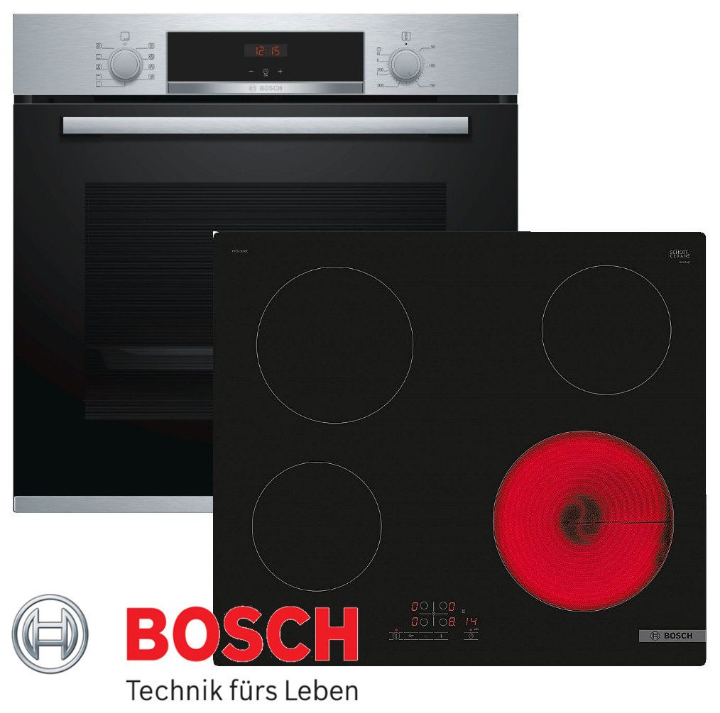 BOSCH Backofen-Set Autarkes Herdset Backofen Bosch 3D Heißluft + Glaskeramik Kochfeld 60, mit 1-fach-Teleskopauszug, LED-Anzeige, 3D-Luftzirkulation, Kindersicherung