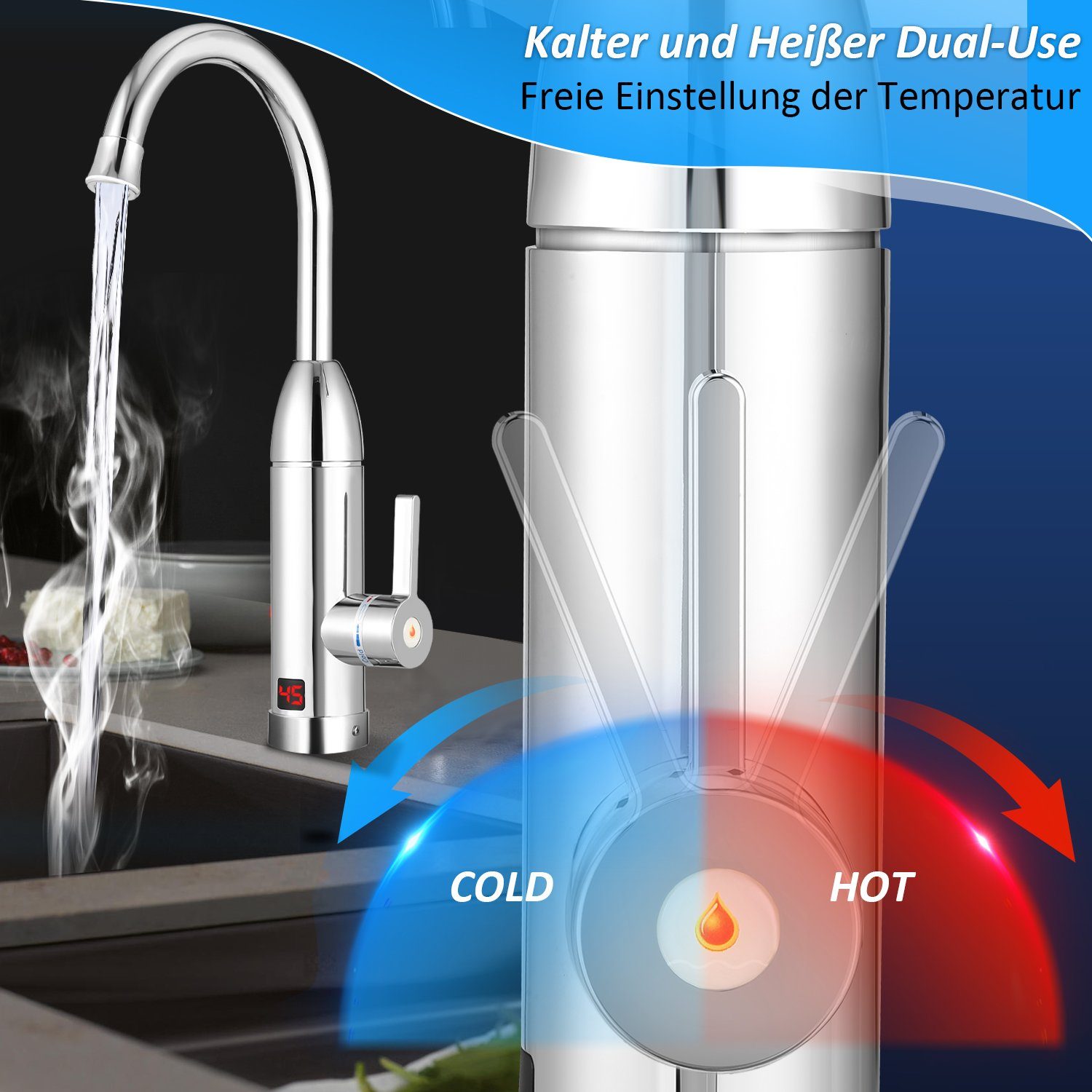 Küchenarmatur 3000W Wasserhahn Lospitch Warmwasserbereiter Durchlauferhitzer mit Ausziehbrause Elektrisch mit