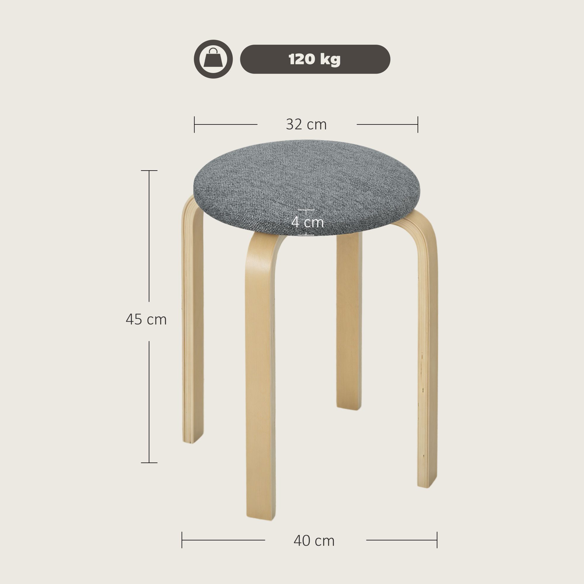 HOMCOM Hocker Stapelhocker Rückenlehnenlose Stapelstühle mit gepolsterter Sitzfläche (Runde Küchenhocker für Esszimmer, Wohnzimmer, 4 St., 40 x 40 x 45 cm), Grau
