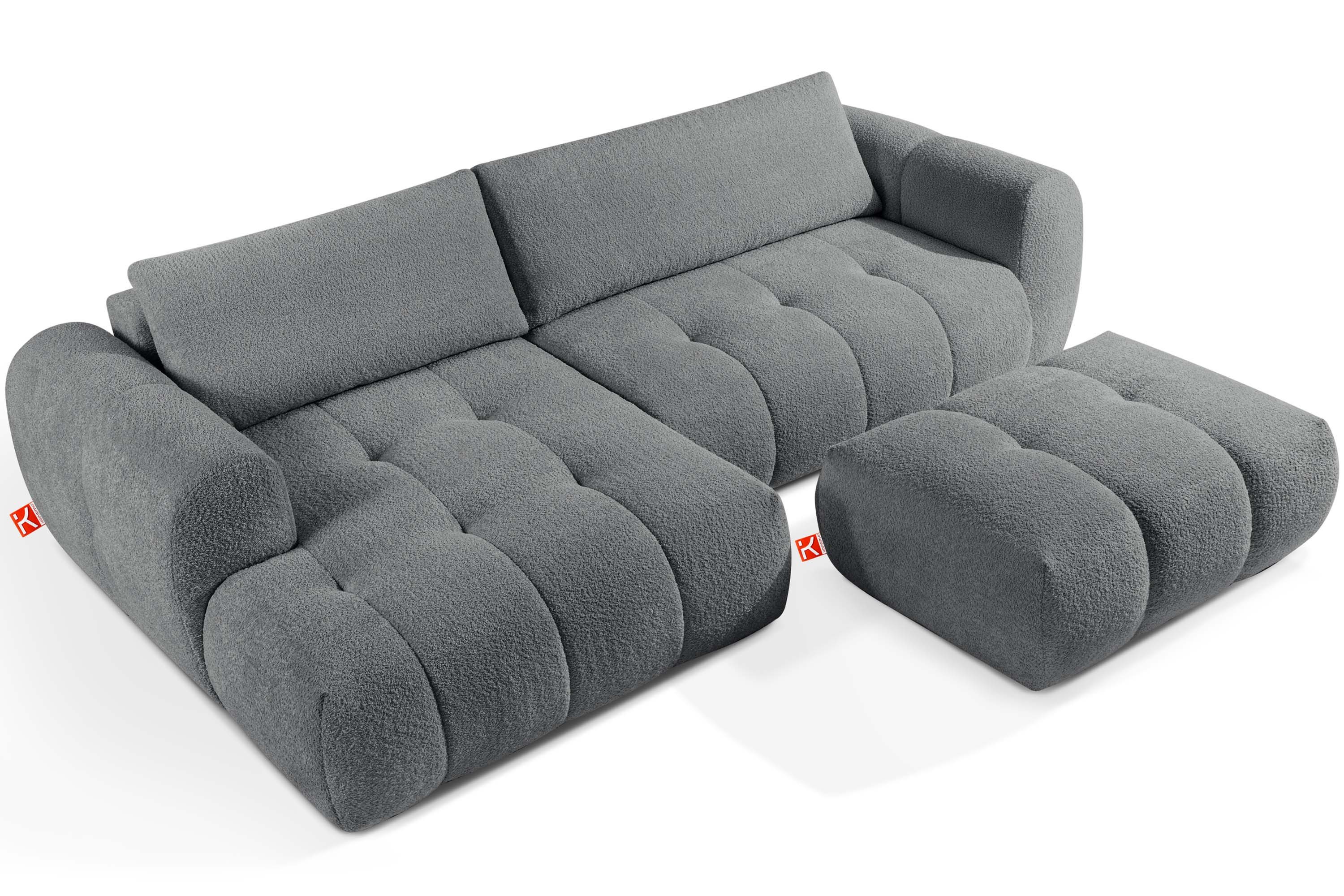 KONSIMO® Polstergarnitur LIRA Ecksofa mit Polsterhocker, Premiumqualität aus EU, (Bouclé-Stoff, 2-tlg., 1x Hocker, 1x Ecksofa links), elastischer Sitz, Bouclé-Stoff, Mega große Liegefläche, Modern