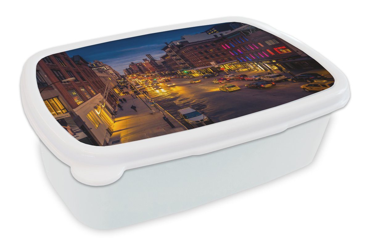 MuchoWow Lunchbox New York - Nacht - Taxi, Kunststoff, (2-tlg), Brotbox für Kinder und Erwachsene, Brotdose, für Jungs und Mädchen weiß
