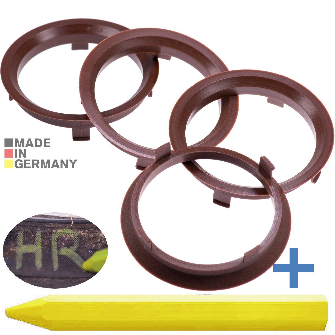 RKC Reifenstift 4X Zentrierringe Braun Felgen Ringe + 1x Reifen Kreide Fett Stift, Maße: 70,1 x 63,4 mm