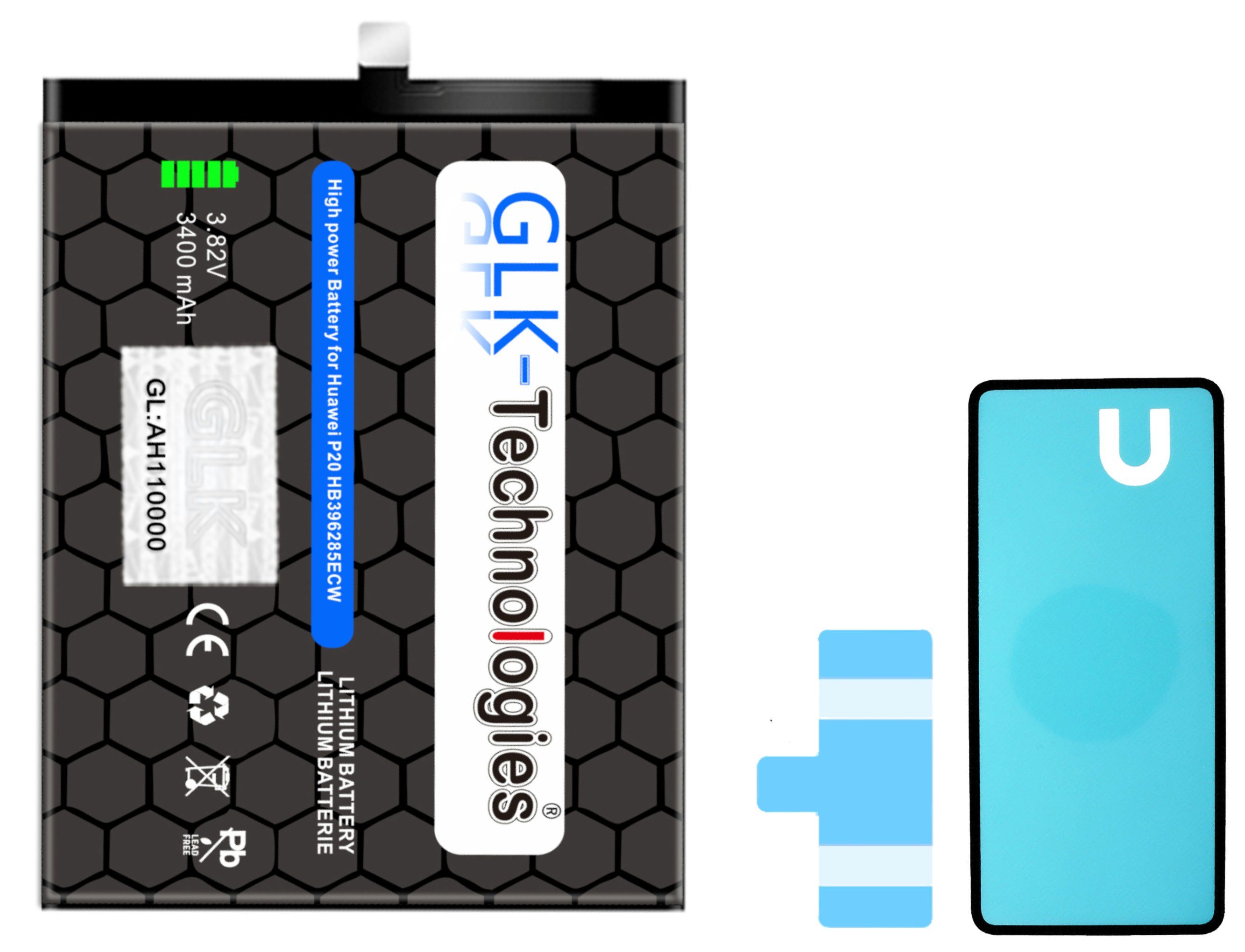 GLK-Technologies High Power Ersatz Akku für Huawei P20 / Honor 10 inkl. 2X Klebebandsätze Smartphone-Akku 3400 mAh (3,8 V) | Akkus und PowerBanks