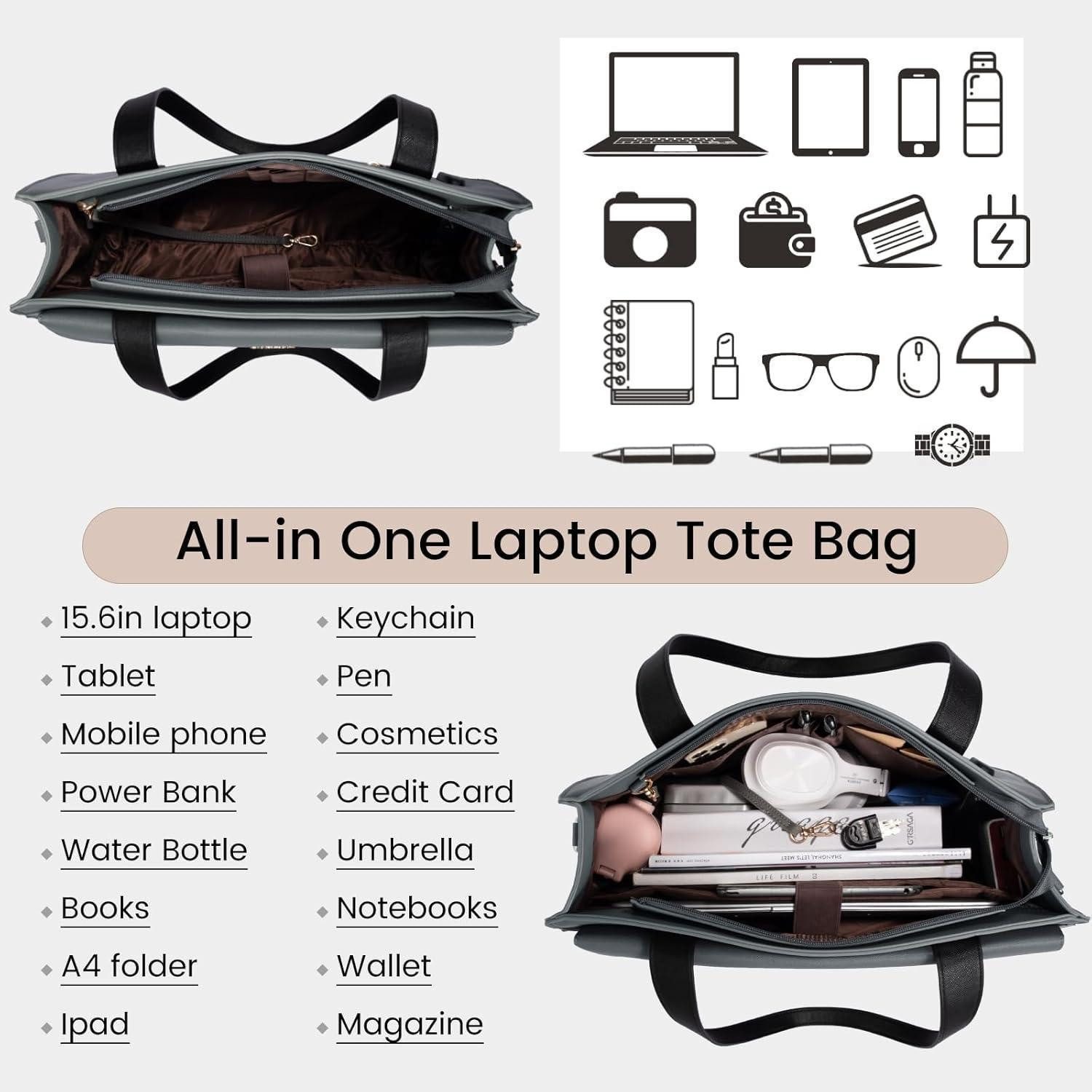 LuxusKollektion Laptoptasche 15,6 Zoll Laptop Handtasche Damen Groß PU Leder Wasserdicht Grau
