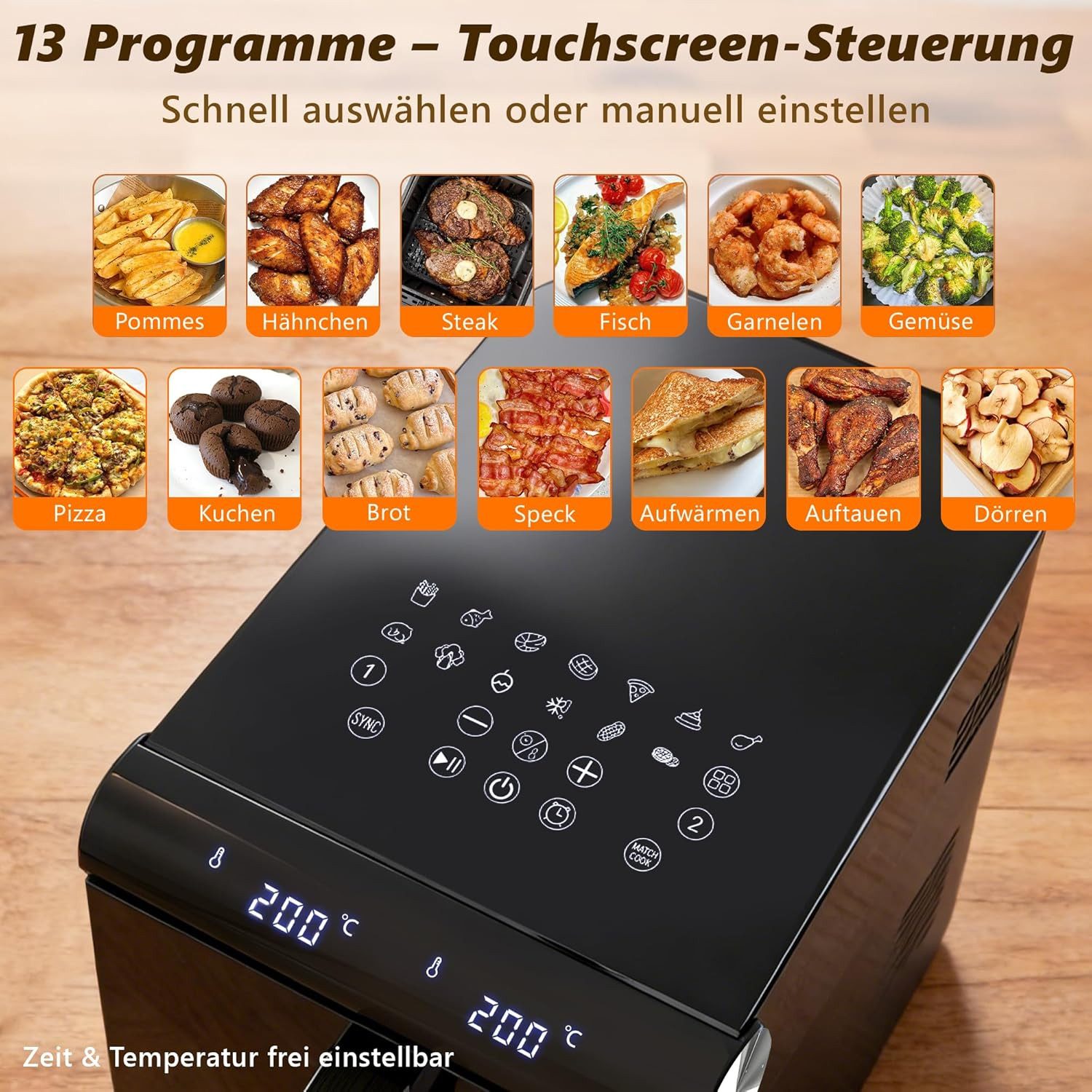 ZMH Heißluftfritteuse XXL Doppelkammer Airfryer 11L mit 13 Kochprogramme Dual Zone, 2800 W, 2 x 5,5L Heissluftfritteuse mit Sichtfenster, Touchdisplay, Ohne ÖL