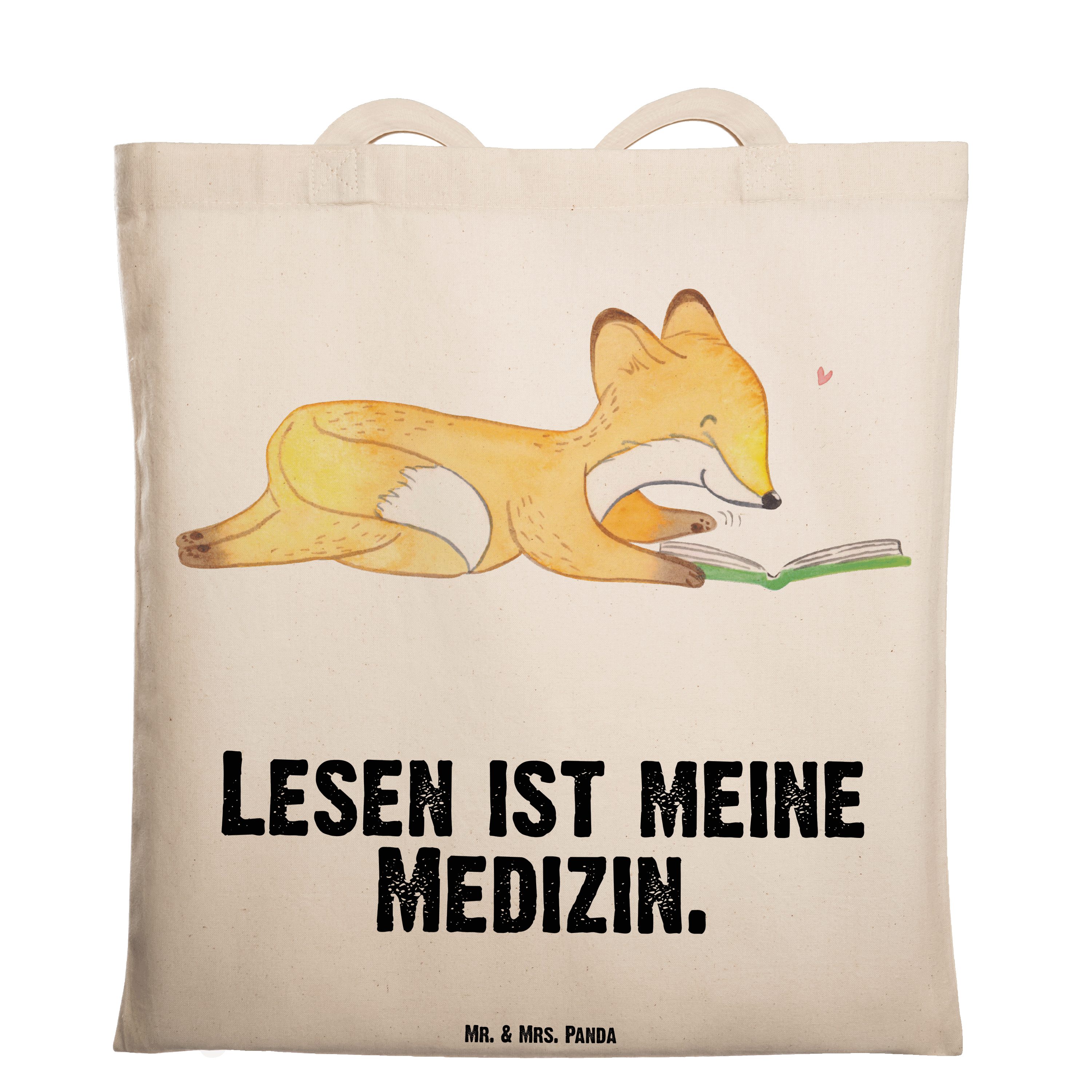 Mr. & Mrs. Panda Tragetasche Fuchs Lesen Medizin - Transparent - Geschenk, Beuteltasche, Jutebeute (1-tlg)