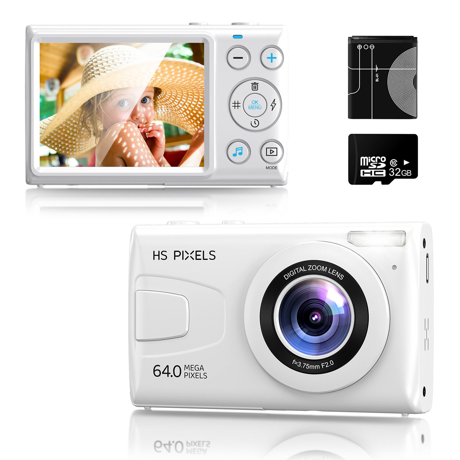 Fine Life Pro Digitalkamera, 64MP 1080P FHD Fotokamera mit 32GB TF, 18X Digitalzoom Kompaktkamera