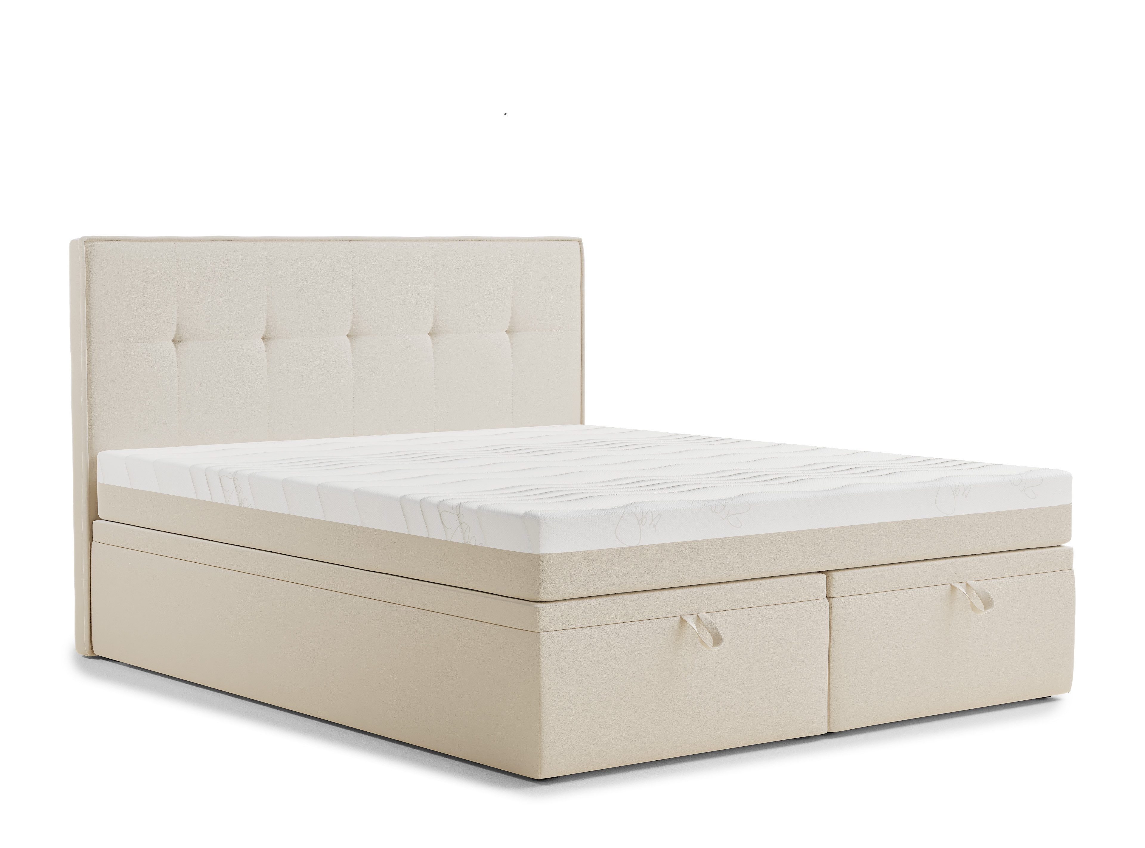 Maison de Rêve Boxbett Comfrey mit Bettkasten (Boxbett mit Matratze mit Stauraum und Kopfteil), Boxspringbett mit Matratzen H3, Doppelbett mit Stauraum, Kopfteil