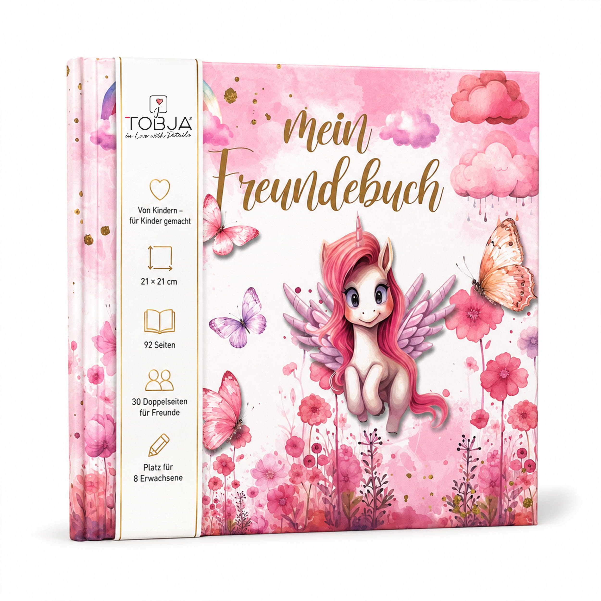 TOBJA Poesiealbum Freundebuch Grundschule Einhorn 21x21 cm - 30 Freunde, 8 Erwachsene, Einhorn-Motiv, 92 Seiten, 30 Doppelseiten, FSC®-Papier