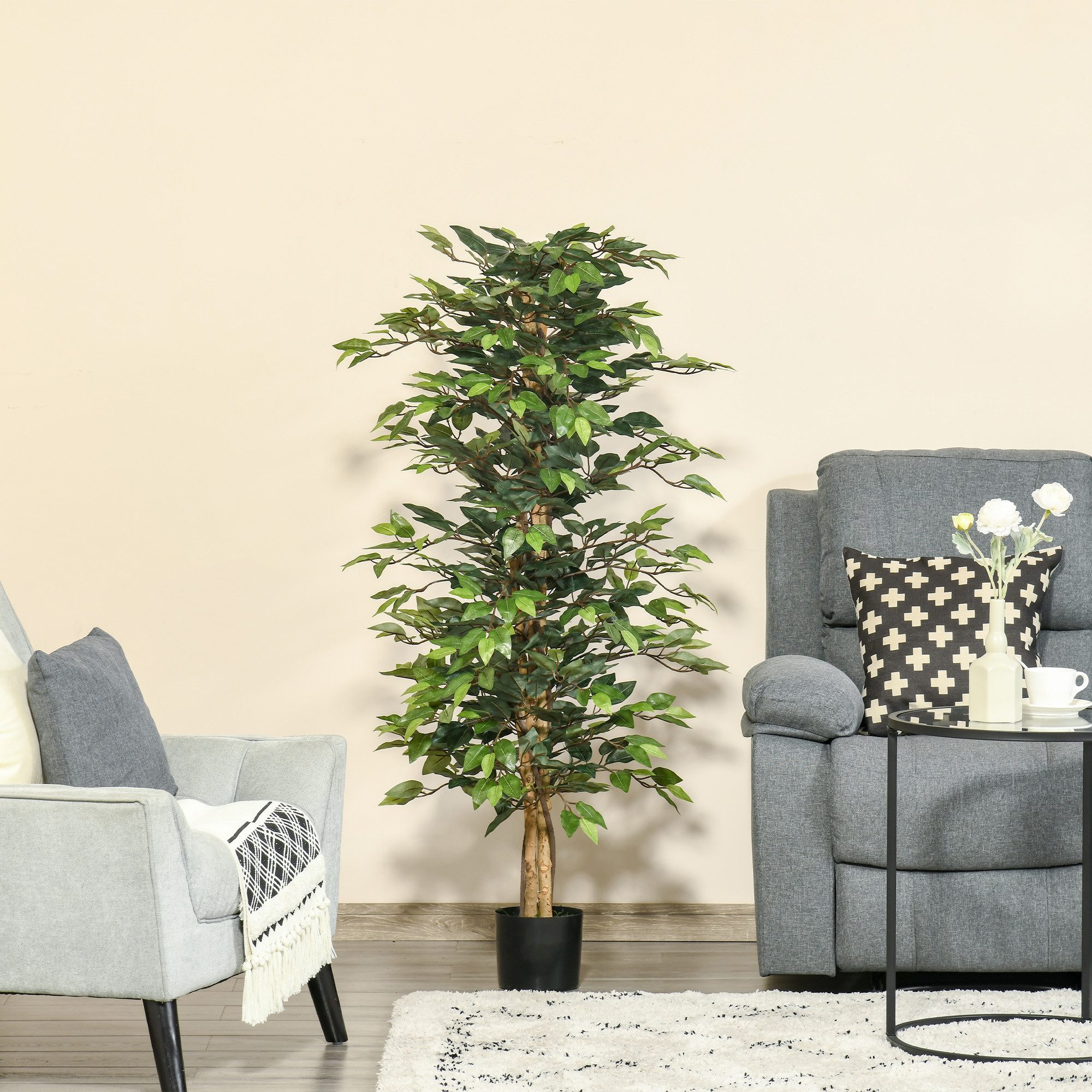 Kunstpflanze Ficus-baum Kunstbaum, Plastik Künstliche Pflanzen, Fake Plant Banyan, HOMCOM, Höhe 150 cm, Grün 60 x 60 x 150 cm