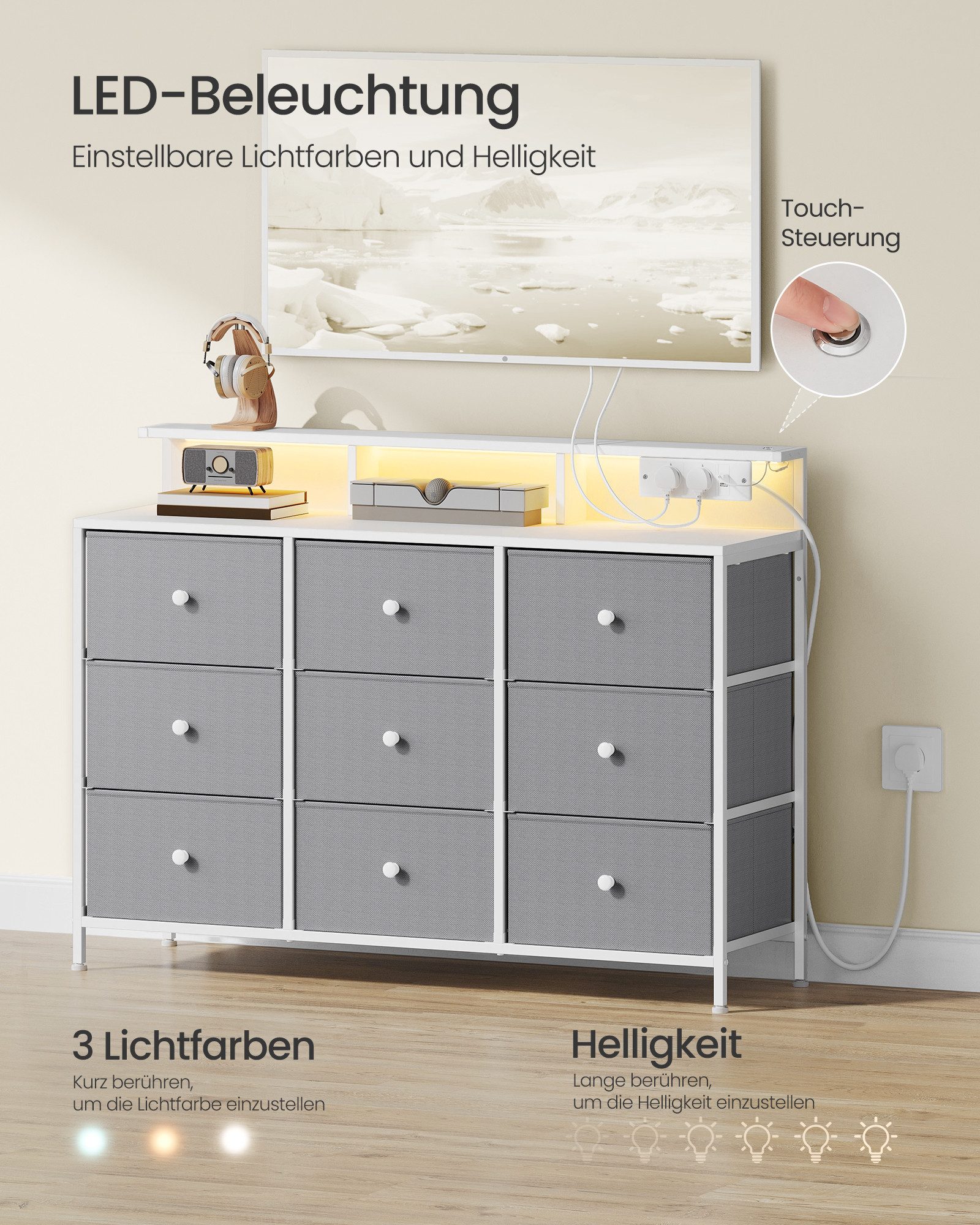 SONGMICS Kommode, Aufbewahrungsschrank mit 9 Schubladen und LED, Steckdosenleiste