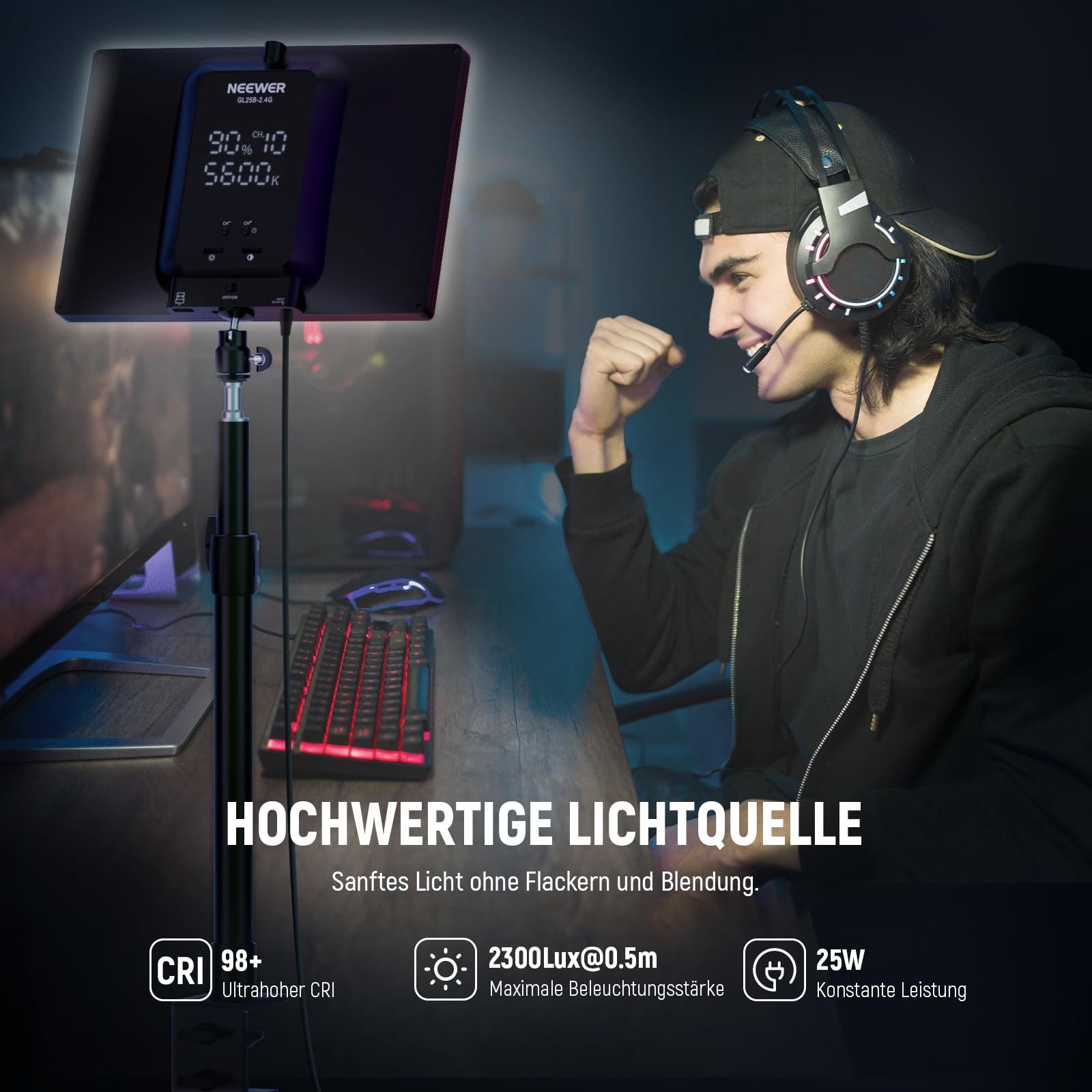 Neewer Videoleuchte GL25B 25W Key Light CRI98+ mit App für Webcam & Laptop, Energie Efizienz Label (A bis G):F