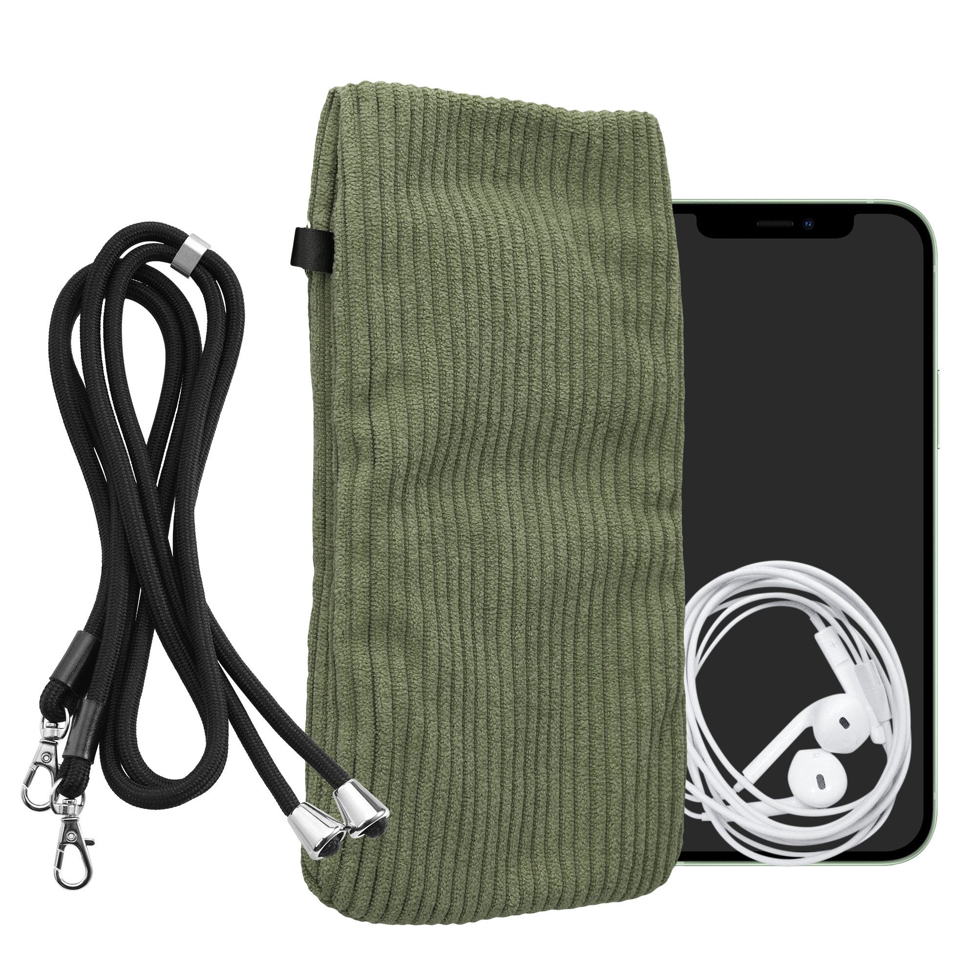 kwmobile Handytasche Handytasche für Smartphones XXL - 7" Handy Tasche (1-tlg), Cord Handy Hülle Graugrün mit Kordel - Handy Tasche