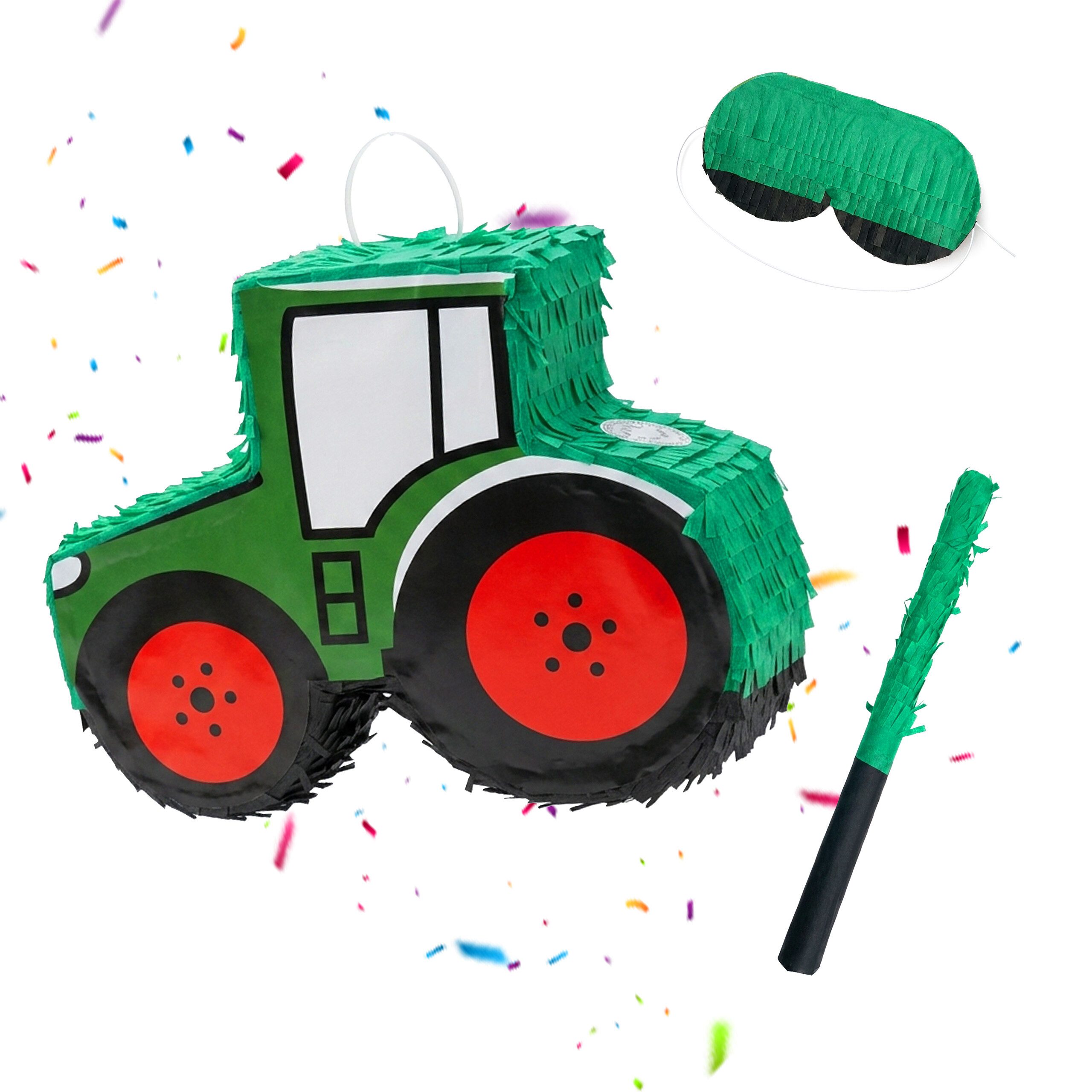 relaxdays Pinata Traktor mit Stab und Maske, Dunkelgrün-Rot