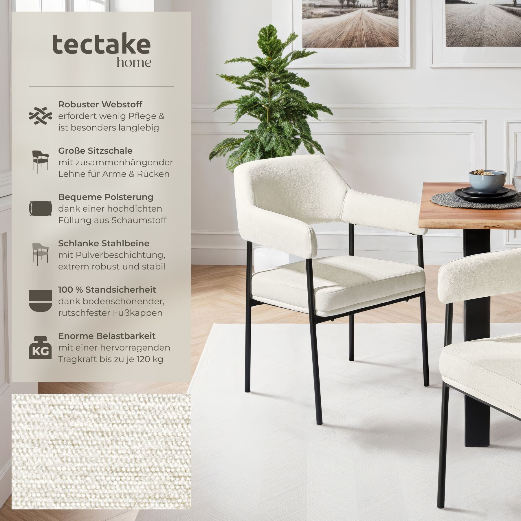 tectake Esszimmerstuhl Armlehnstuhl gepolstert, durchgehende Lehne, 58 x 62 x 85 cm (Küchenstuhl Doé in Webstoff off-white/schwarz, 2 St), pulverbeschichtete Stahlbeine, bodenschonend, Belastbarkeit 120 kg