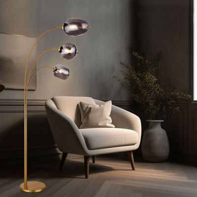 Globo LED Bogenlampe, Leuchtmittel nicht inklusive, Stehleuchte Wohnzimmerlampe 3 Flammig Metall Glas rauchfarben L 80 cm