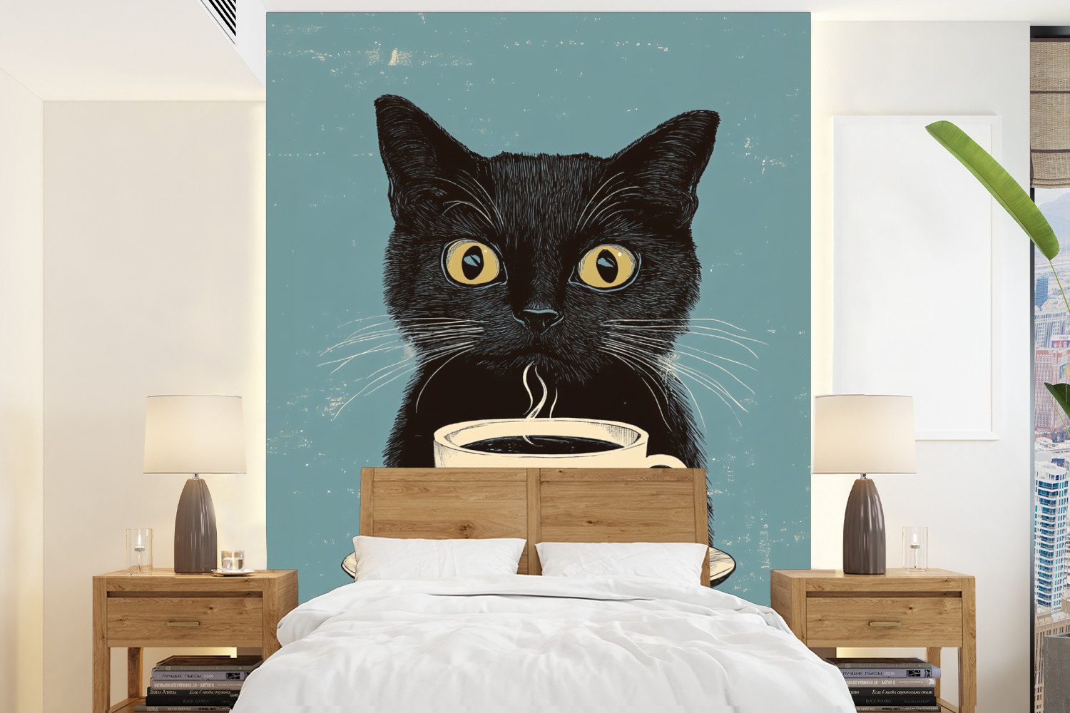 MuchoWow Fototapete Katze - Schwarz - Kaffee - Minimalistisch, Matt, bedruckt, Wallpaper für Wohnzimmer, Schlafzimmer, Vinyl Tapete, 165x220 cm