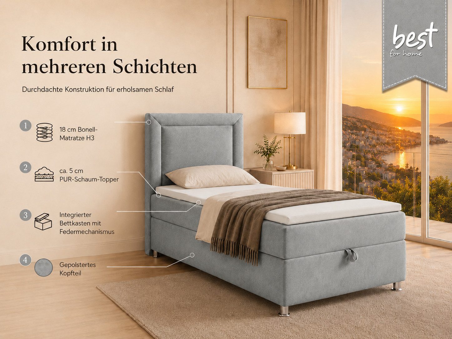 Best for Home Boxspringbett Trinity K-3 SINGLE mit Bettkasten & ca. 5 cm Topper (Einzelbett, Polsterbett mit gepolstertes Kopfteil, Jugendbett, Kinderbett versch. Größen, 3-St., 70x200 80x200 90x200 100x200 cm), Einzel-Boxspringbett mit integriertem Bettkasten
