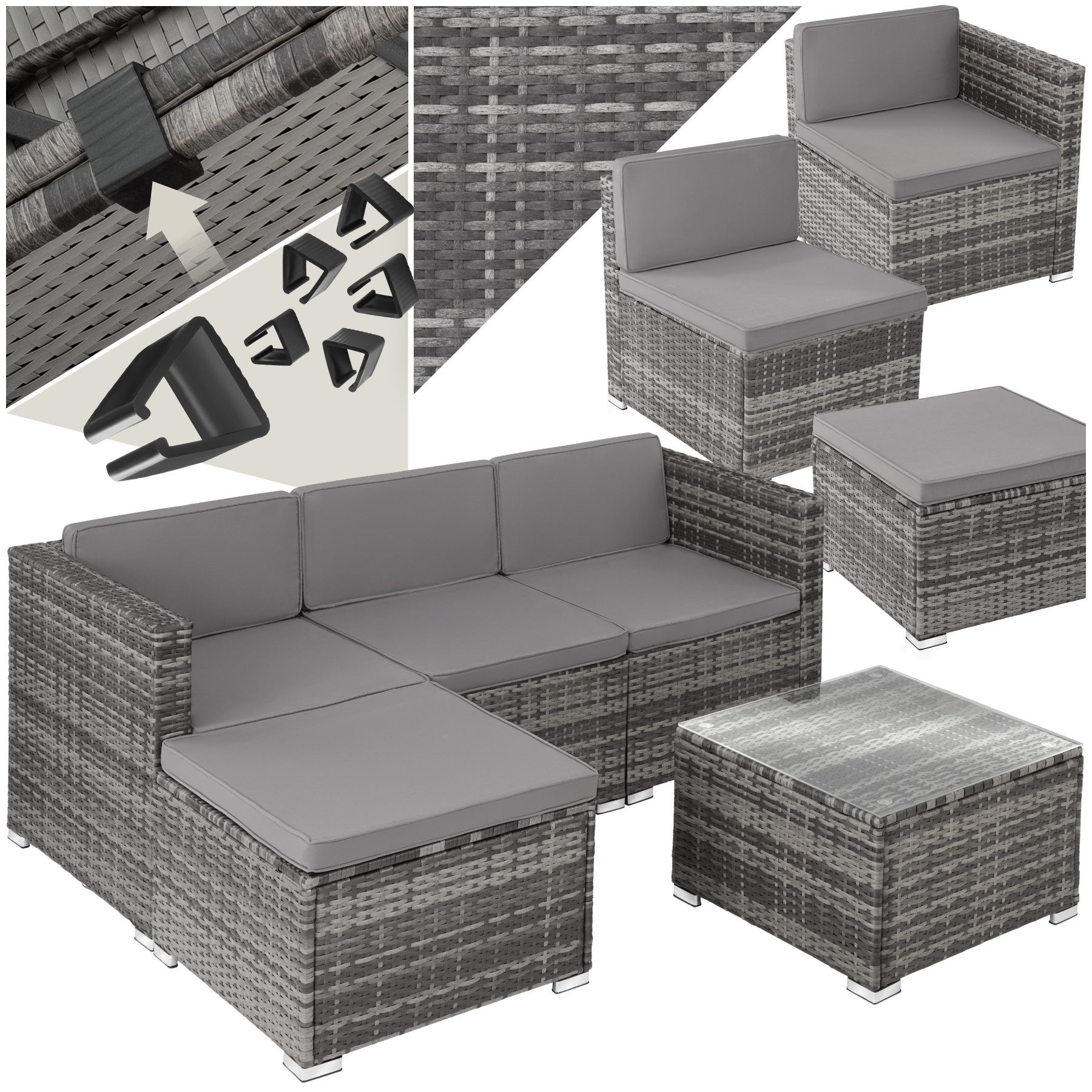 tectake Loungeset rattan sitzgruppe lignano mit uv-beständigem geflecht, (garden lounge set Lignano, 5-tlg., in Grad), abnehmbare, waschbare bezüge und sicherheitsglas-tisch