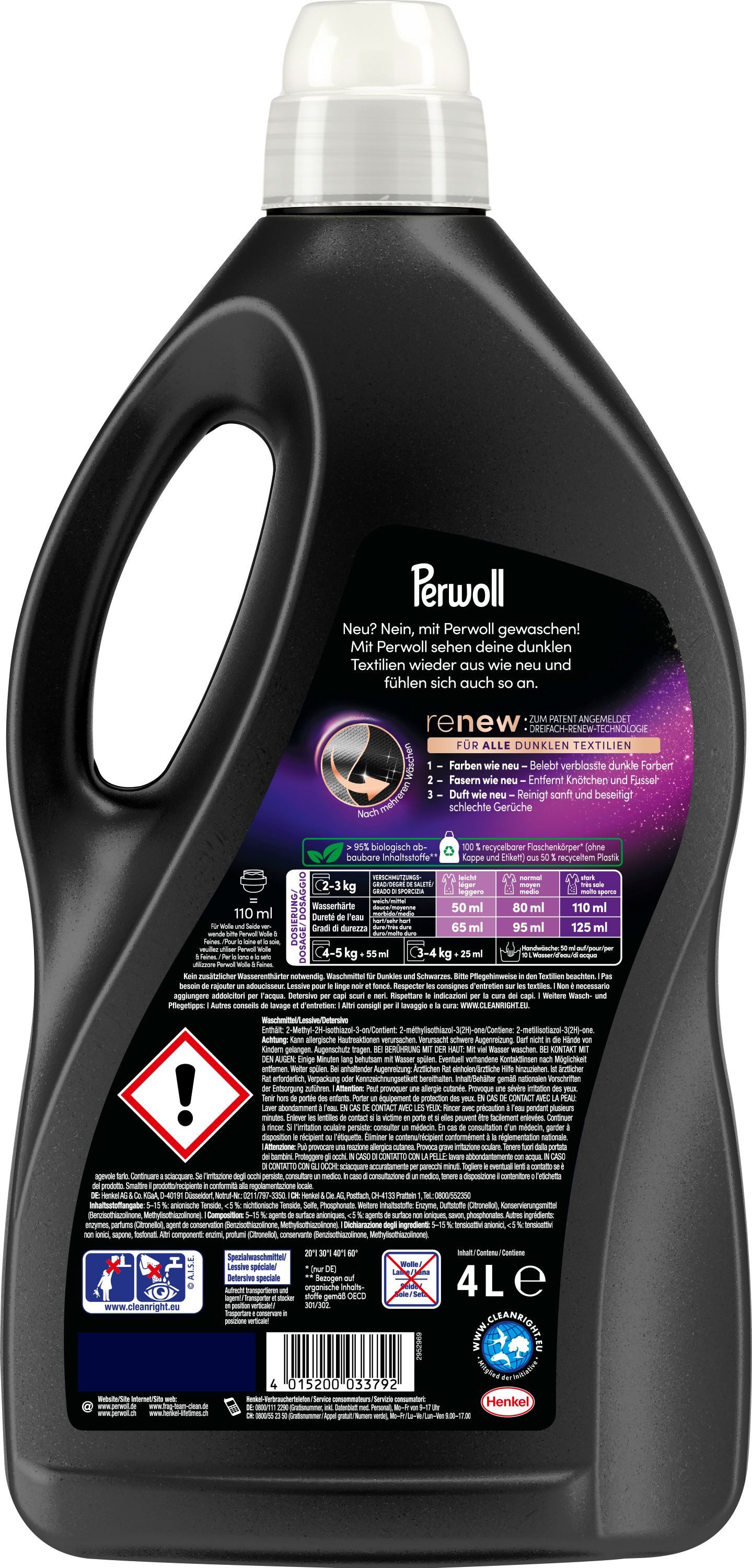 Perwoll PERWOLL Flüssigwaschmittel 80WL Black Familienpack 4L Colorwaschmittel (XXL-Pack, [1-St. Flüssigwaschmittel für dunkle Wäsche - mit Dreifach-Renew-Technologie)