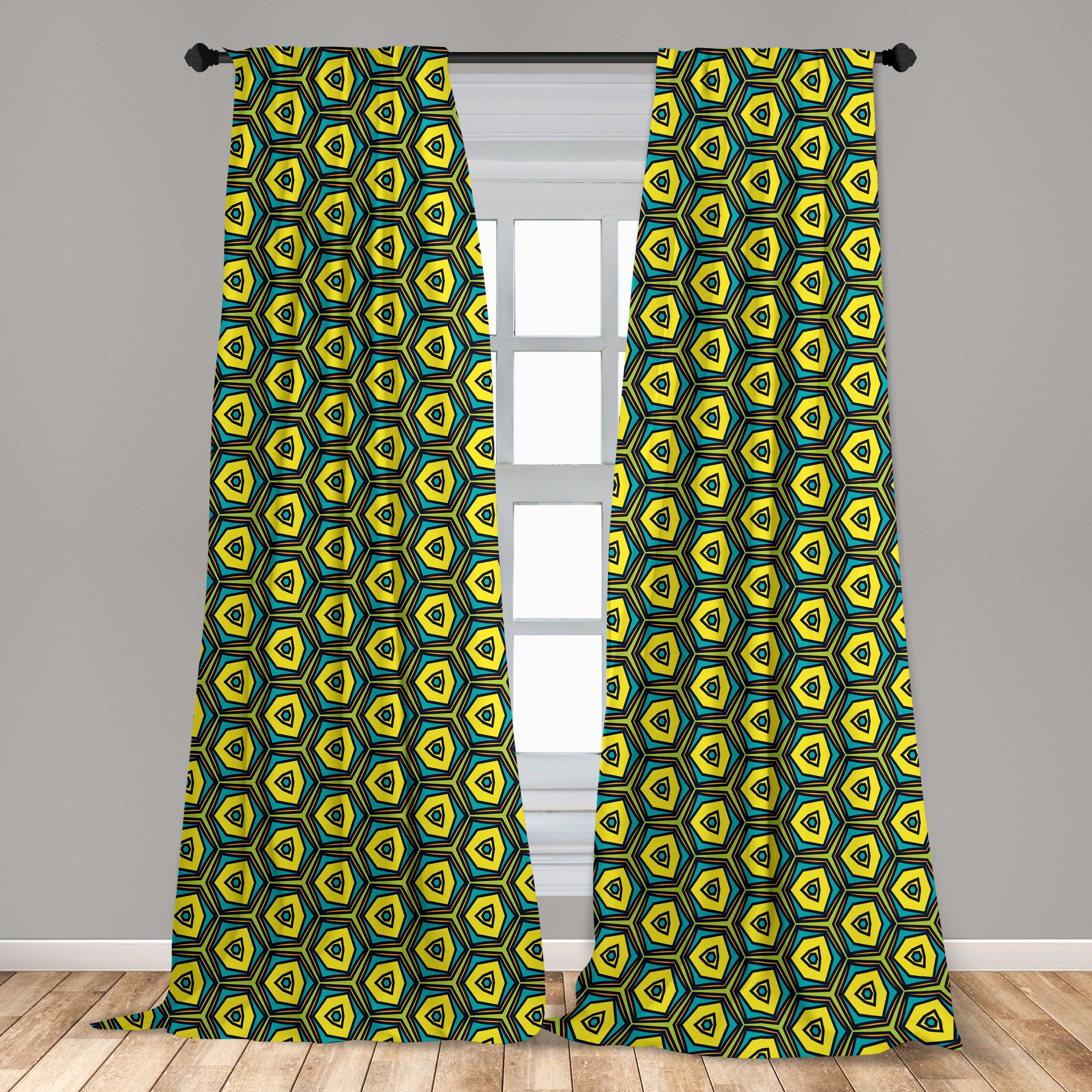 Gardine Vorhang für Wohnzimmer Schlafzimmer Abakuhaus, Microfaser, Hexagons Vintage und Gelb Dekor, Grün