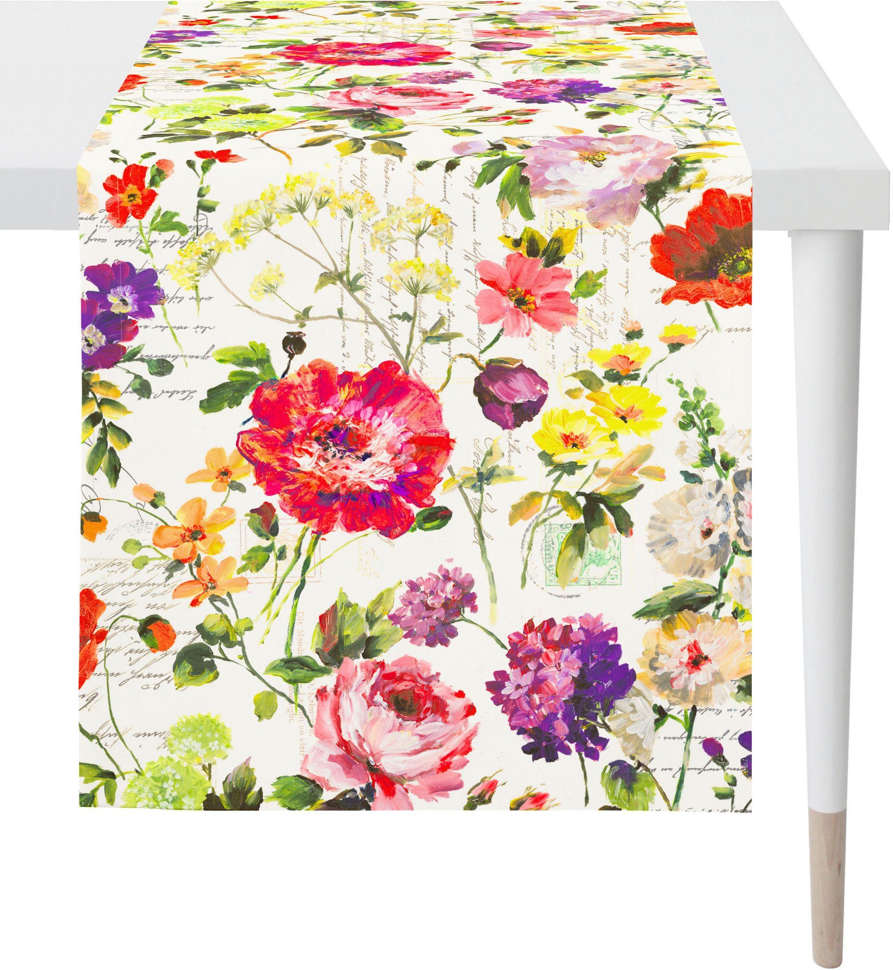 (1-tlg), Blüten mit Digitaldruck, SUMMERTIME, Sommerblüten, 6850 APELT Sommerdeko, Sommer Motiv Tischläufer