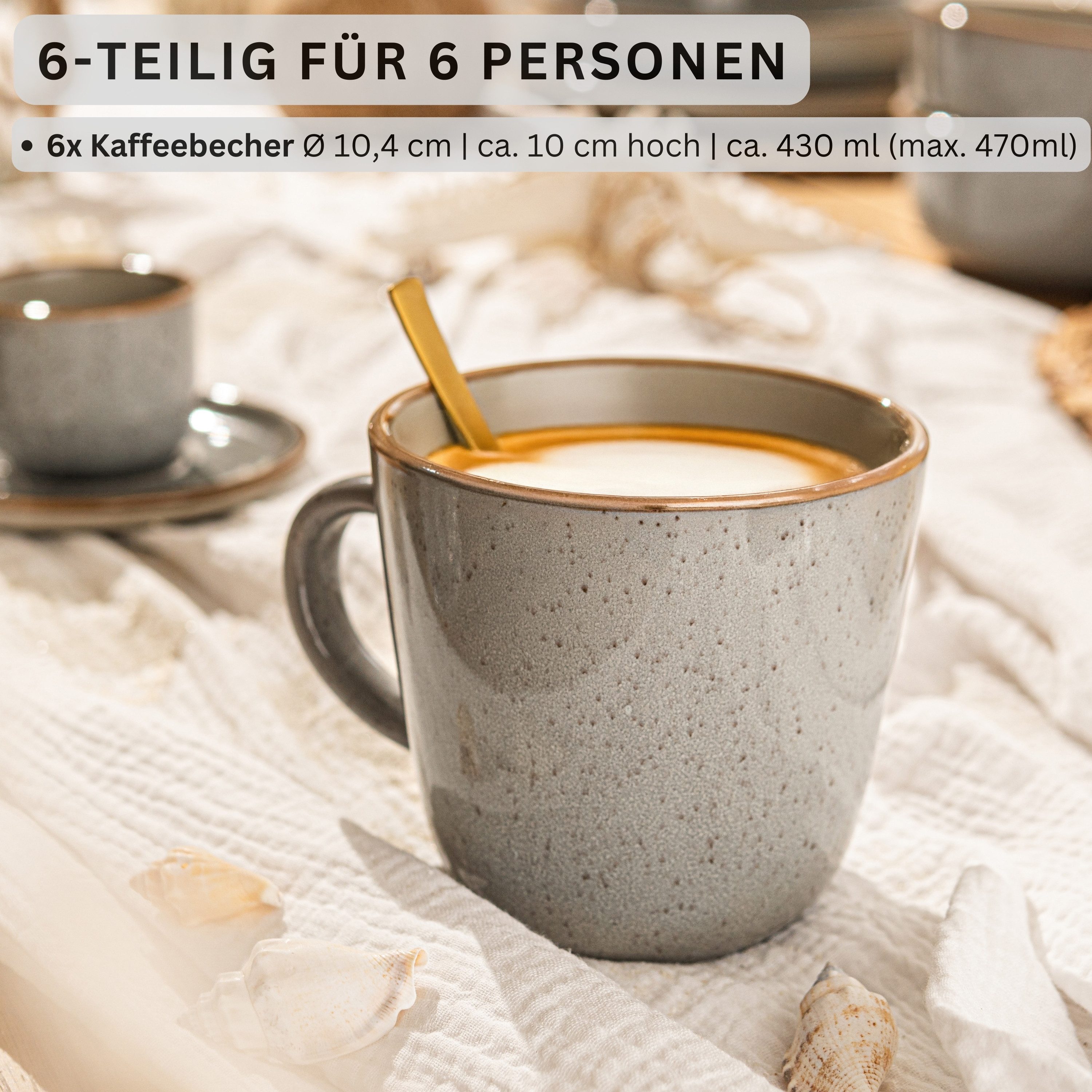 SÄNGER Becher Set Rio, 6-tlg., Steingut, 6 tlg. Rio Perlgrau Kaffeebecher, Grau, Handmade, VALUE COLLECTION