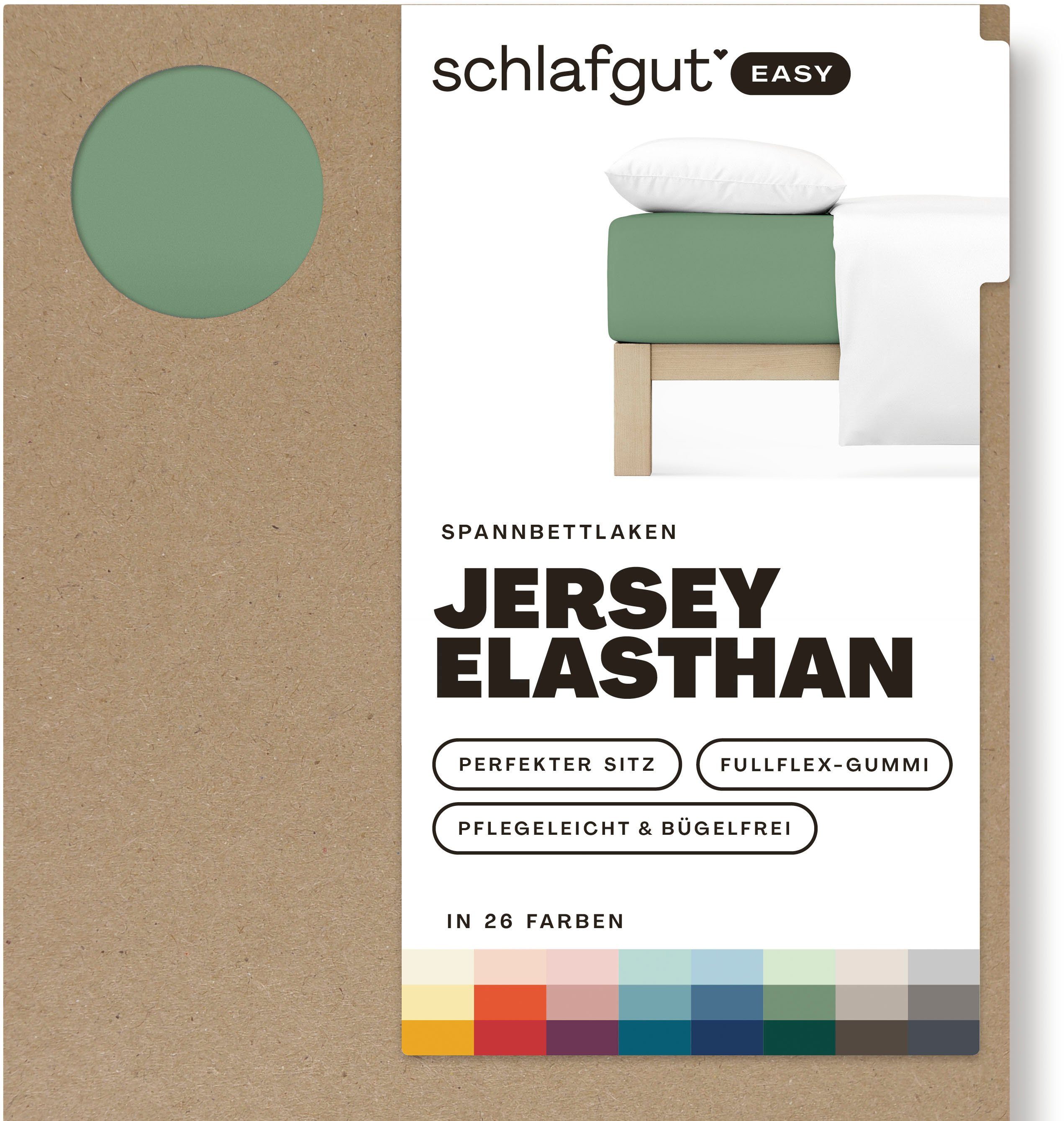 Schlafgut Spannbettlaken EASY JERSEY ELASTHAN Bettlaken, 170 g/m², 95% Baumwolle, 5% Elasthan, Jersey, Gummizug: rundum, (1 Stück), Spannbettlaken bis 30 cm Höhe, bügelfrei, pflegeleicht, perfekter Sitz