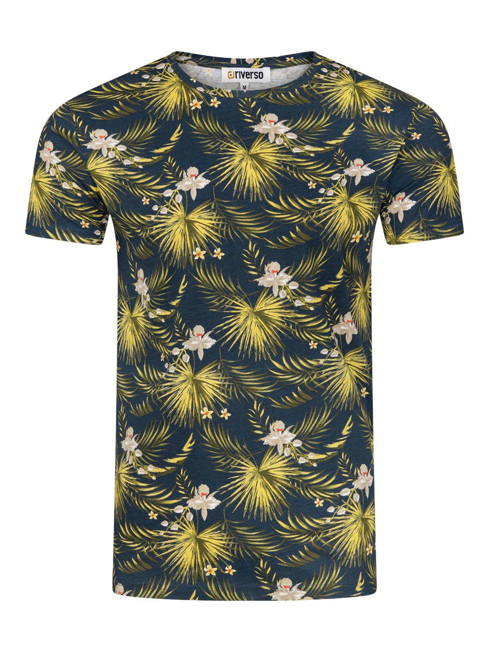 riverso T-Shirt Herren Fotoprintshirt RIVBill Regular Fit (1-tlg) Kurzarm Hawaiishirt mit Rundhalsausschnitt aus 100% Baumwolle Navy