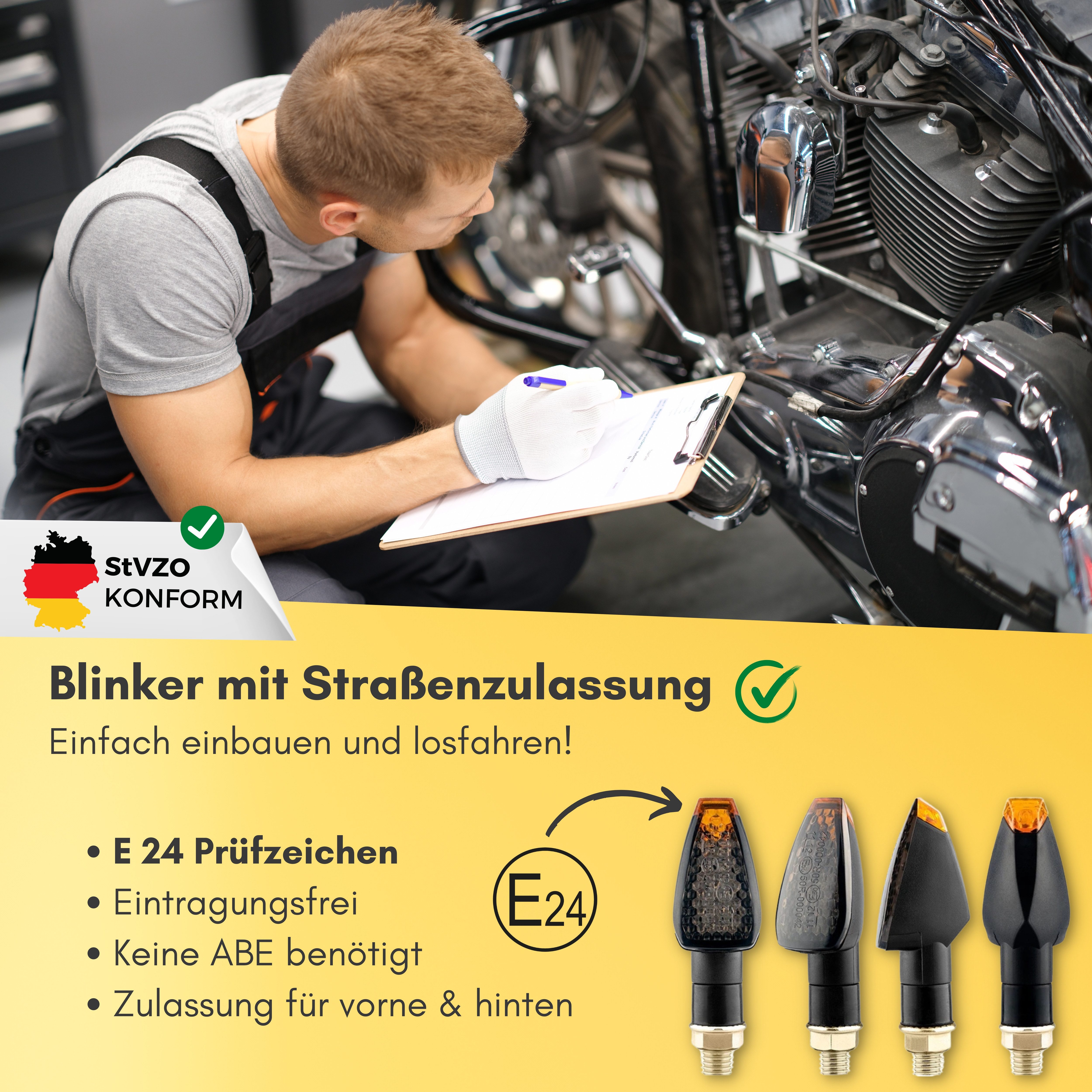 Binego Blinker 4x Motorrad LED Blinker Mini Rauchglas Getönt E Geprüft, LED Blinklicht, LED fest integriert, Gelb