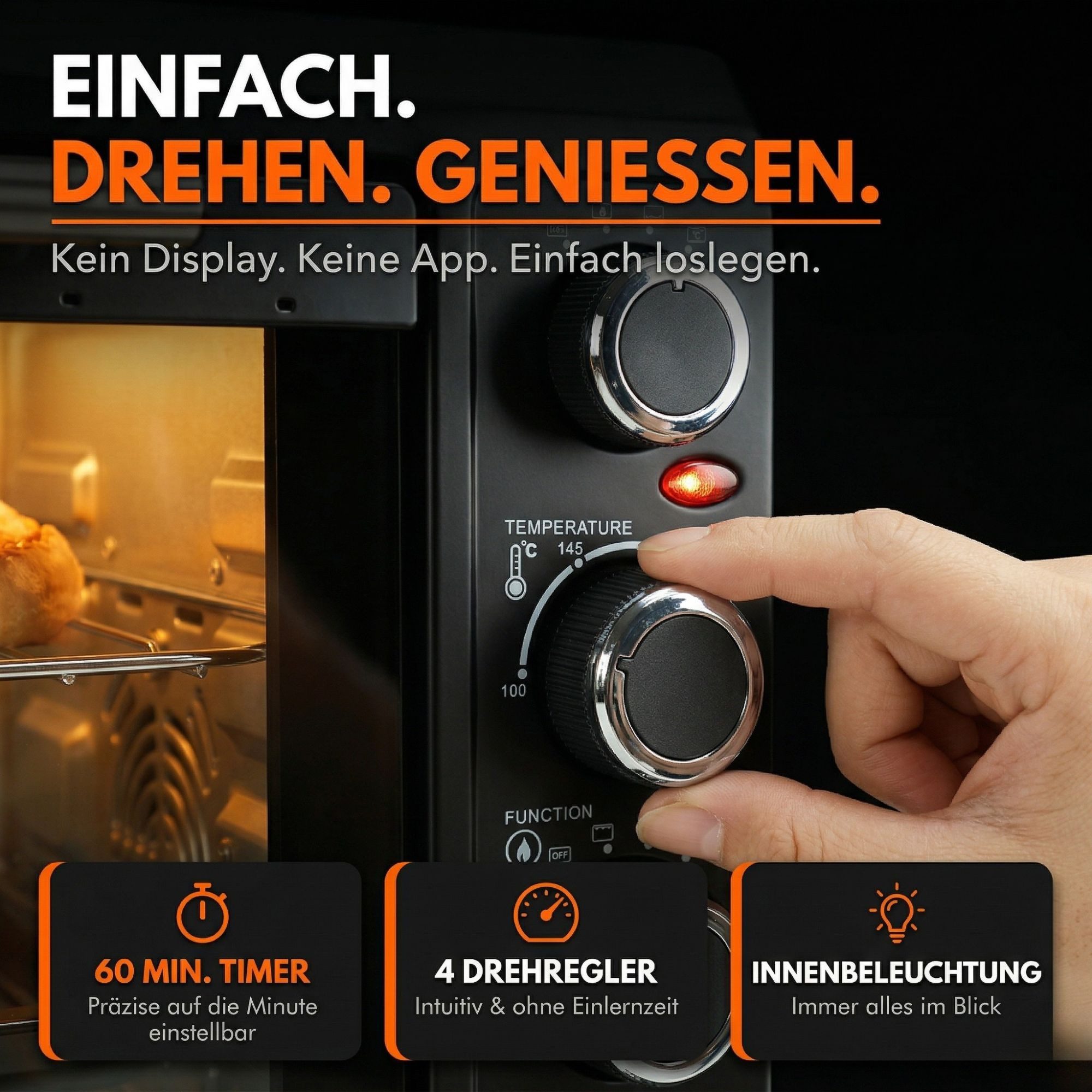 Sommertal Multiofen Sommertal Minibackofen 45L mit Drehspieß & Umluft, 2000W, Hähnchengrill, Backen, Grillen & Pizza, 45 Liter, inkl. 7-tlg Zubehör – Bild 4 von 5
