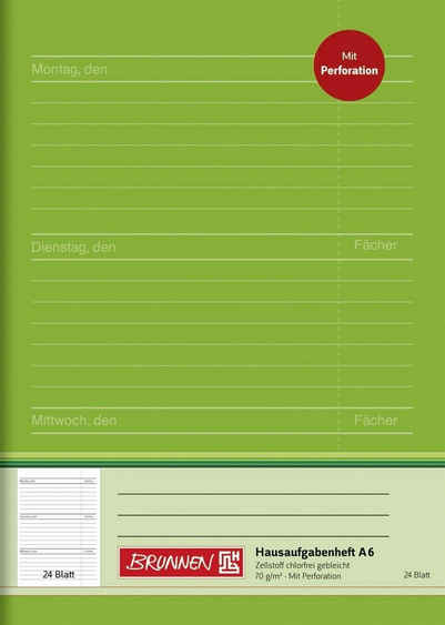 BRUNNEN Schulheft BRUNNEN 1046910 Hausaufgabenheft, A6, 24 Blatt / 48 Seiten, grün