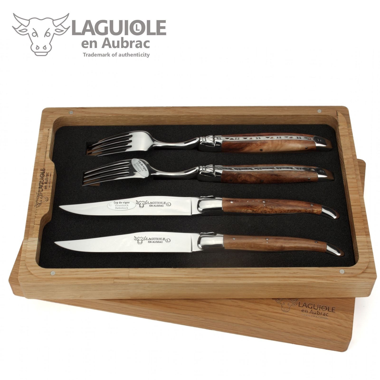 Laguiole en Aubrac Steakbesteck CCF99CVIH, 2 Messer / 2 Gabeln - Griff Weinrebe - Stahl glänzend