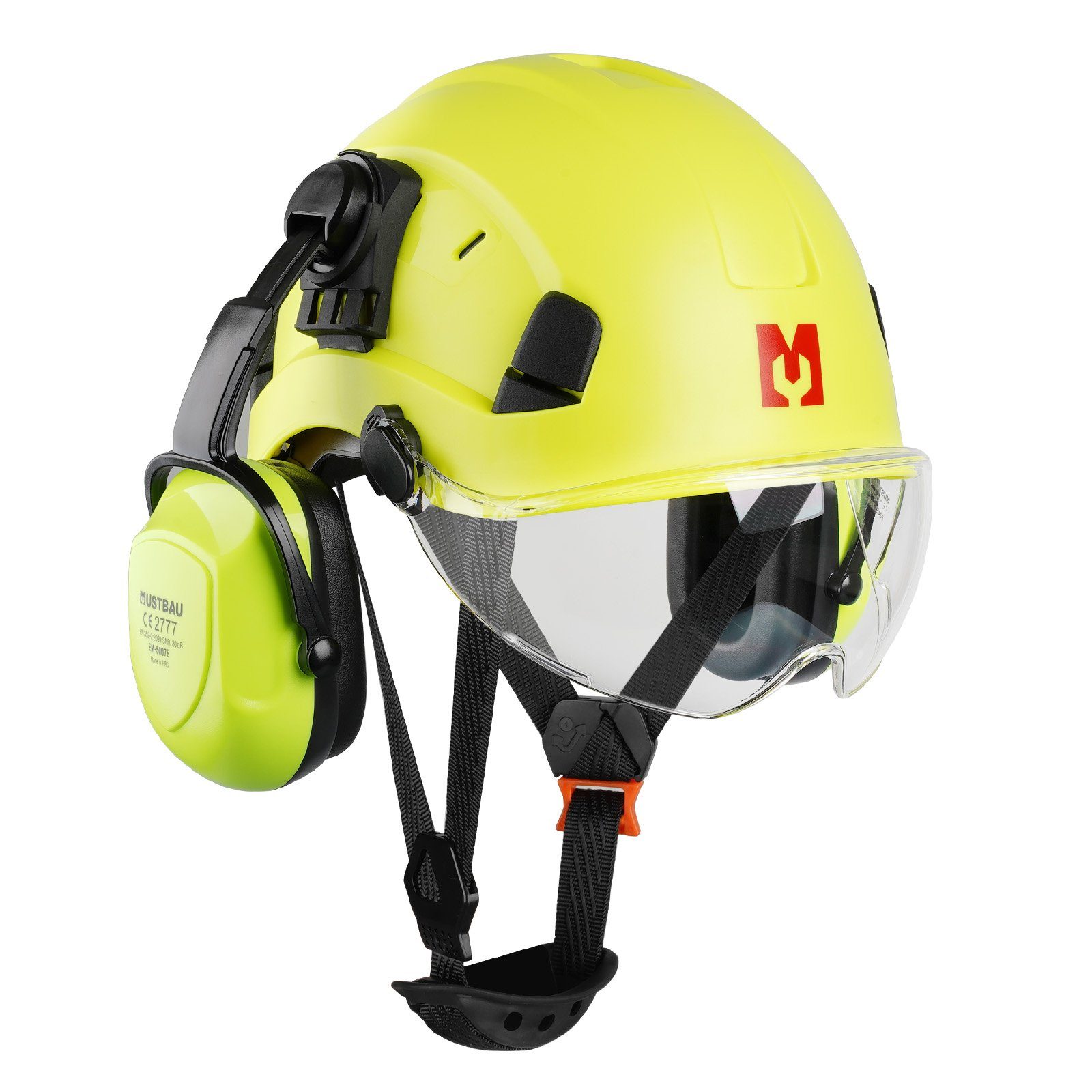 Mustbau Schutzhelm EN397, Arbeitshelm Mit Ohrschutz und Schutzbrille Set, ABS, 53- 63cm verstellbar