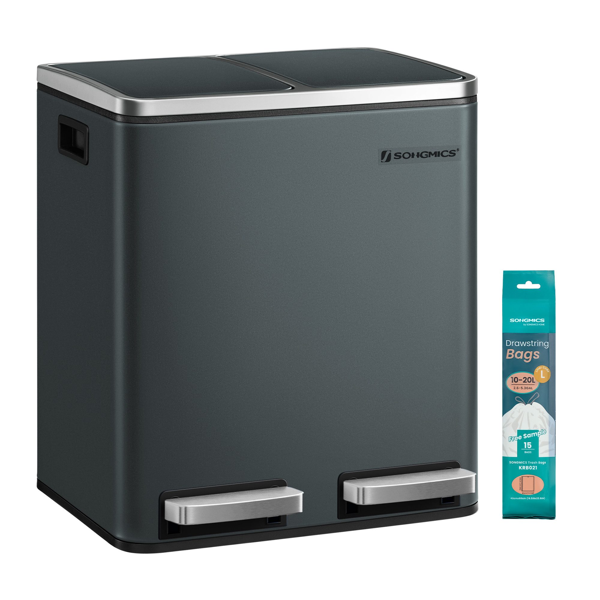 SONGMICS Mülleimer 2x15L, Außenbehälter aus Stahl, Klappdeckel, Softclose, 15 Müllsäcke, 2 x 15 L, Inneneimer aus Kunststoff, Klappdeckel, Softclose, luftdicht
