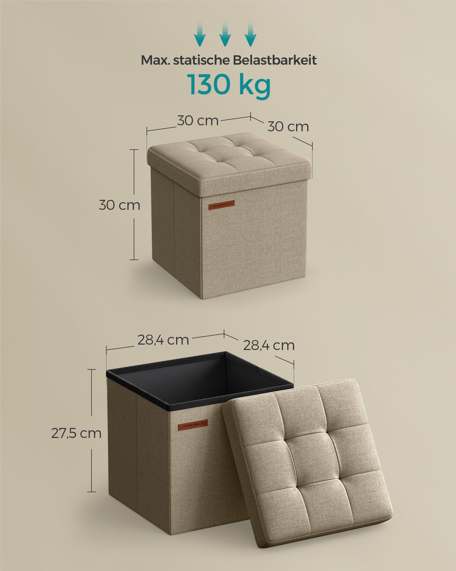 SONGMICS Sitzhocker kleine klappbare Sitzbank, für Wohnzimmer Schlafzimmer Schlafsaal (1 St), mit Stauraum, 30 x 30 x 30 cm, Aufbewahrungsbox, bis 130 kg belastbar